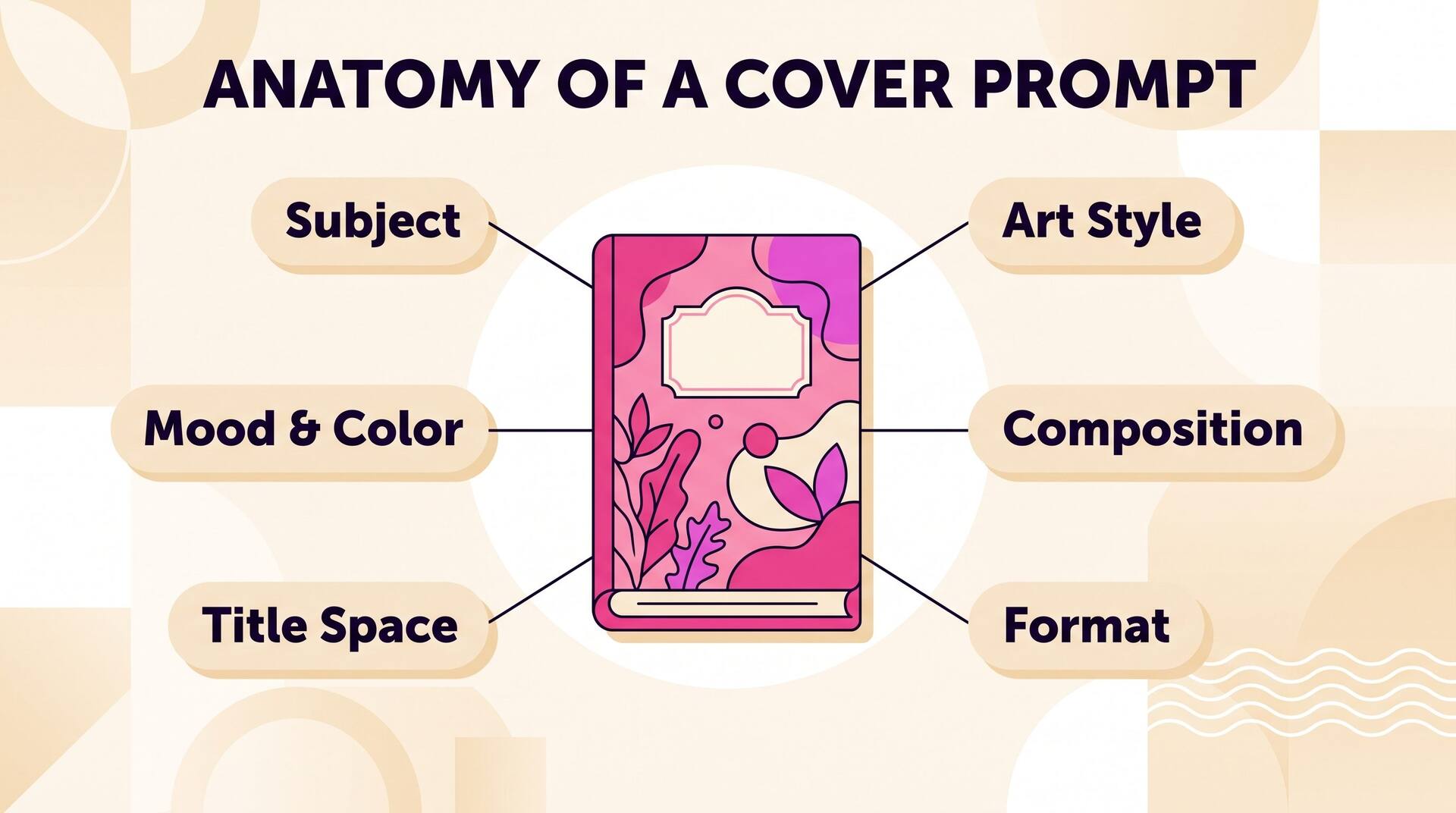 Anatomy of a cover prompt: subject, art style, mood and color, composition, title space, and format labels around a book cover