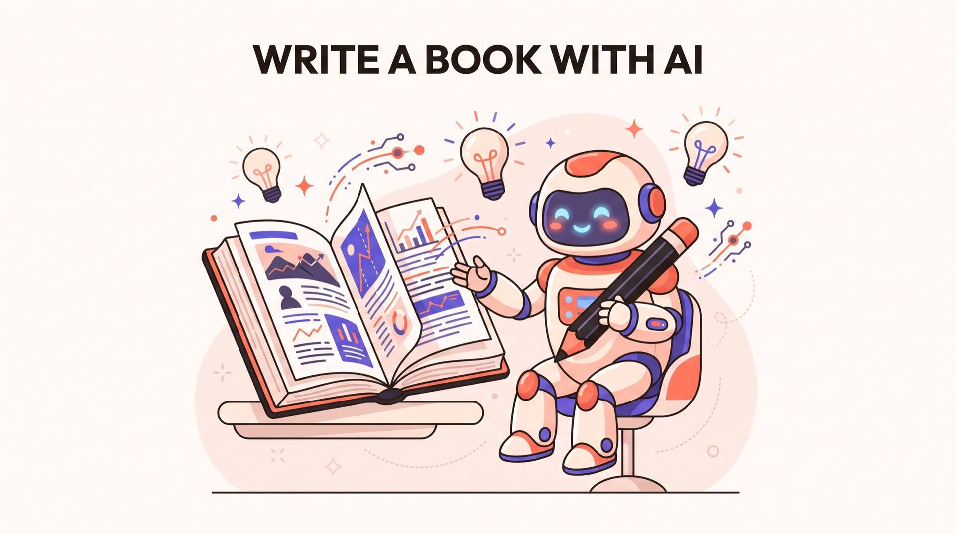 Illustration of a friendly robot writing partner holding a pencil beside a large open book with idea lightbulbs and AI sparks, headline reading write a book with AI