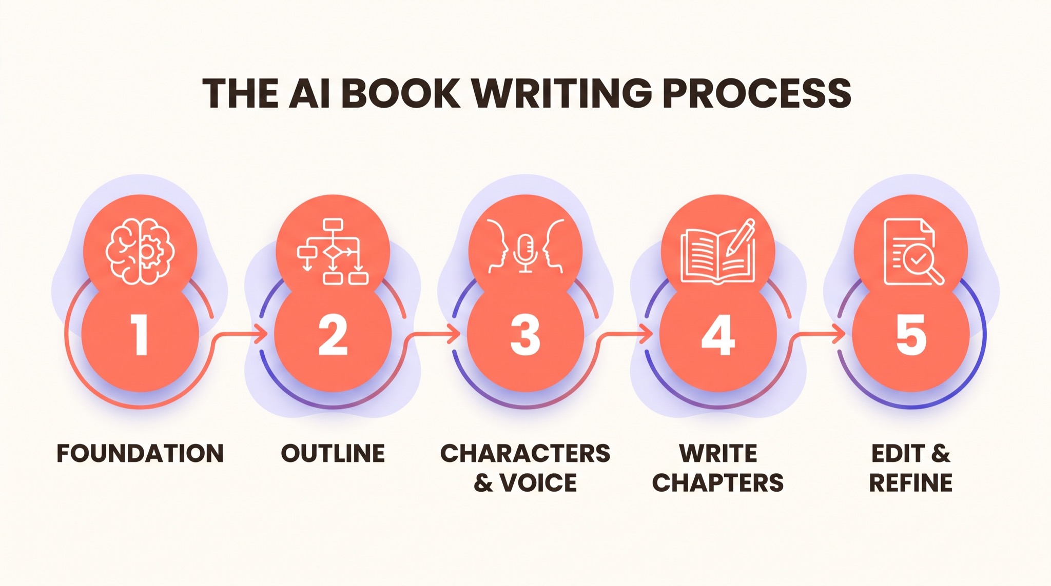 Infographie en cinq étapes du processus d'écriture de livre avec l'IA : fondation, plan, personnages et voix, rédaction des chapitres, et édition et peaufinage