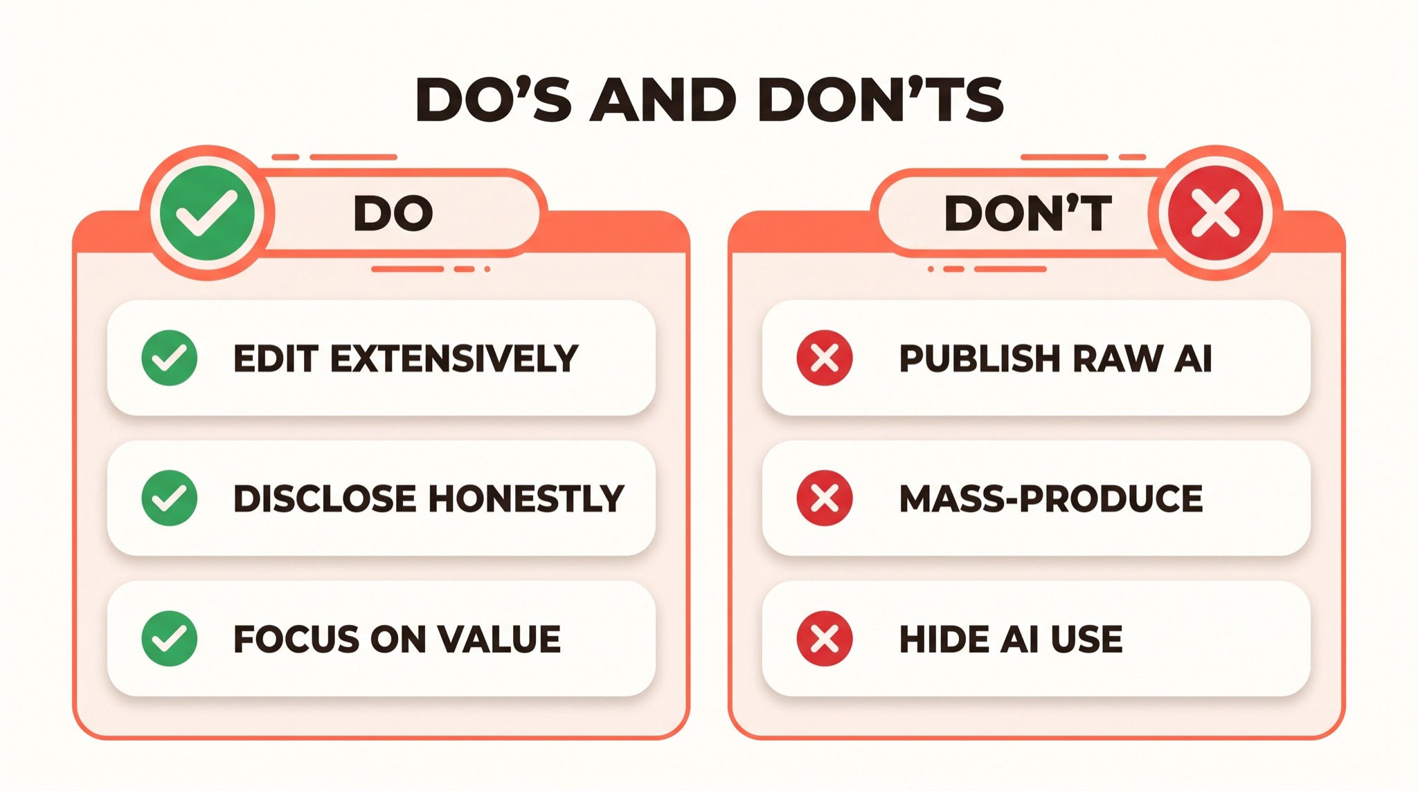 Zweispaltige Infografik mit Do's und Don'ts für die Veröffentlichung von KI-Büchern: umfassend bearbeiten, ehrlich offenlegen, Fokus auf Mehrwert versus rohe KI veröffentlichen, Massenproduktion, KI-Nutzung verbergen