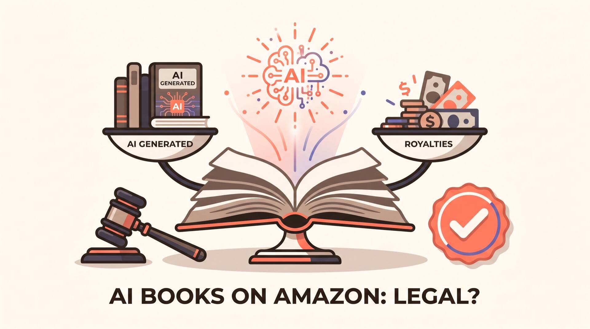 Illustrasjon av en åpen bok på en rettsvekt som veier AI-generert innhold mot royalties, med en klubbe og et godkjenningsmerke, overskrift som lyder AI-bøker på Amazon: lovlig?