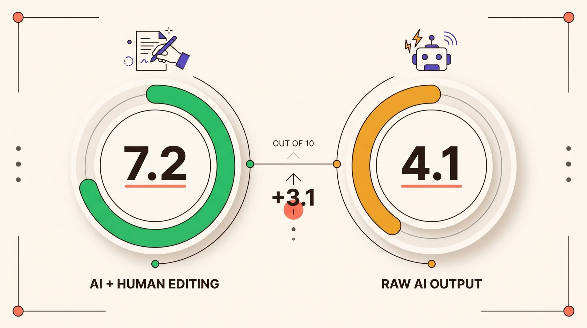 Confronto tra due indicatori di punteggio: IA più editing umano a 7,2 su 10 rispetto all'output IA grezzo a 4,1 su 10, un divario di 3,1 punti