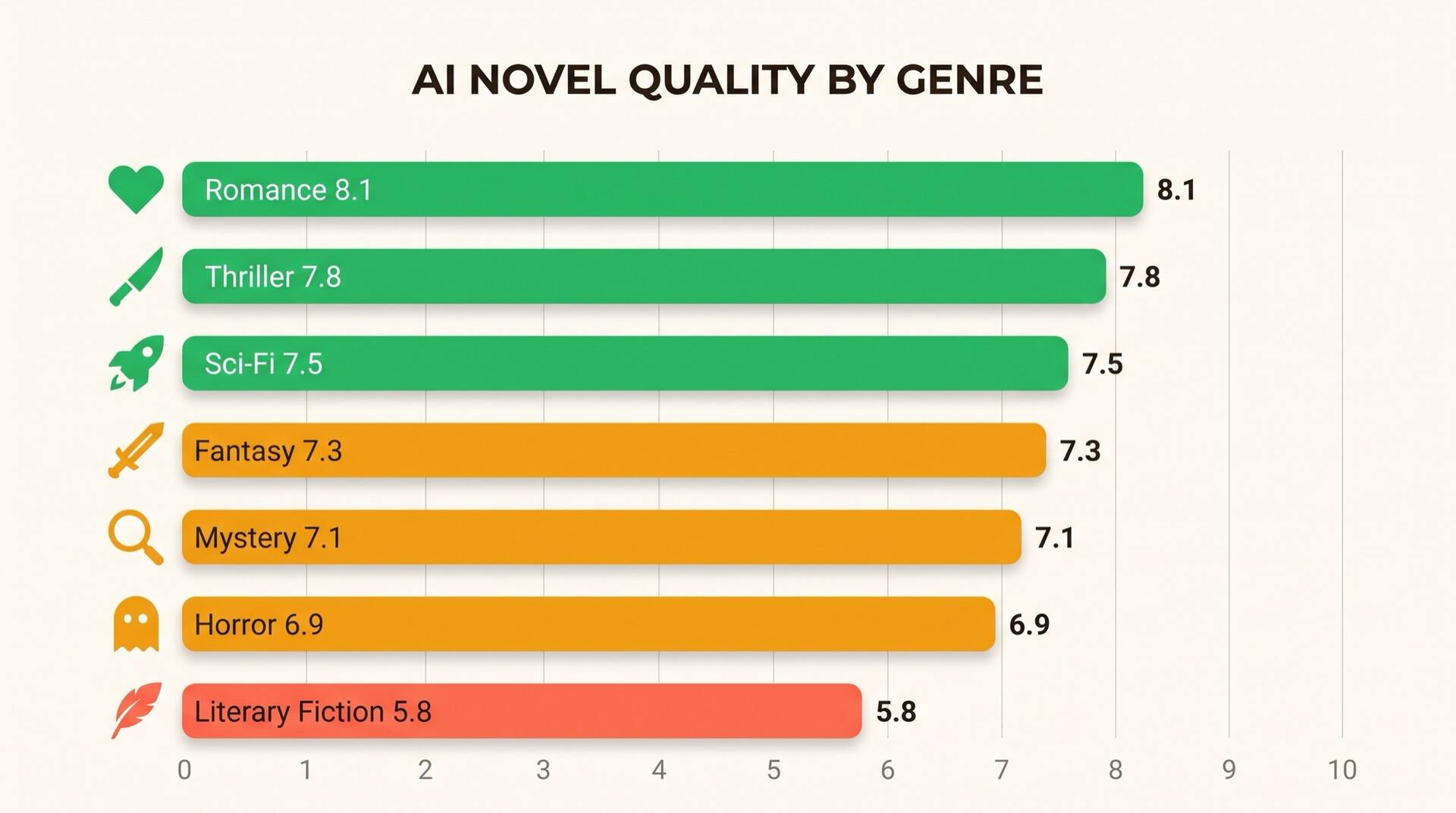ジャンル別のAI小説の品質を示す横棒グラフ。ロマンスの8.1から純文学の10点満点中5.8まで