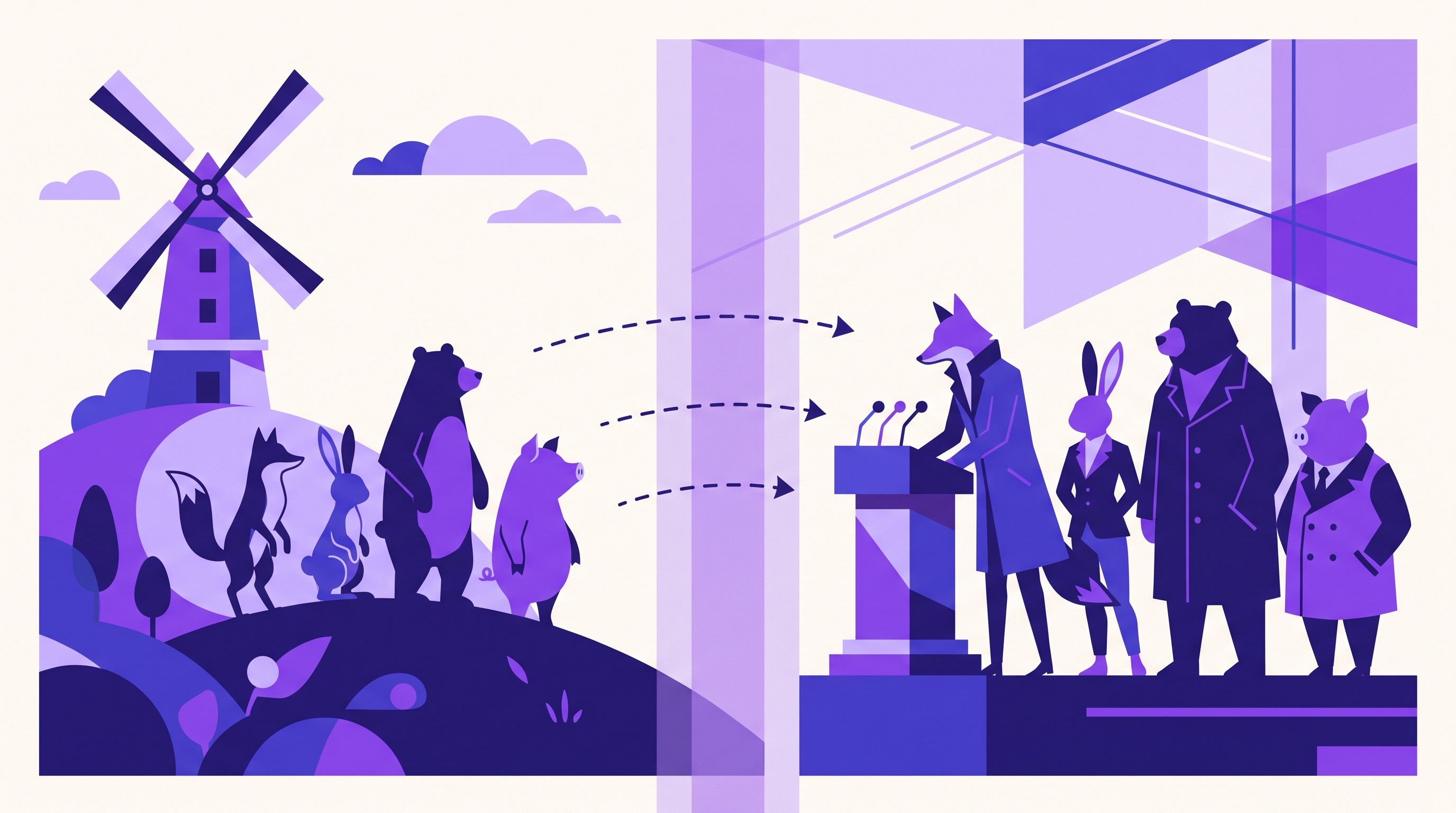 Illustration of farm animals on one side mapped by dashed arrows to human political figures at a podium on the other