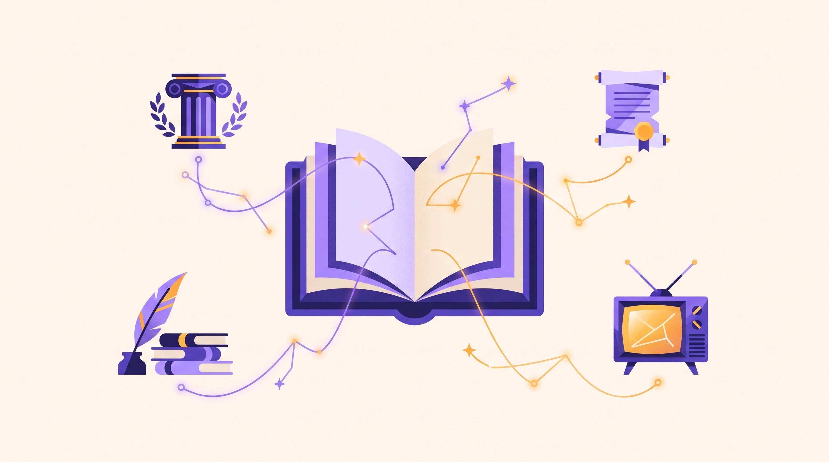 Illustration of an open book with glowing threads connecting it to a Greek column, a scroll, a stack of classic books and a television set
