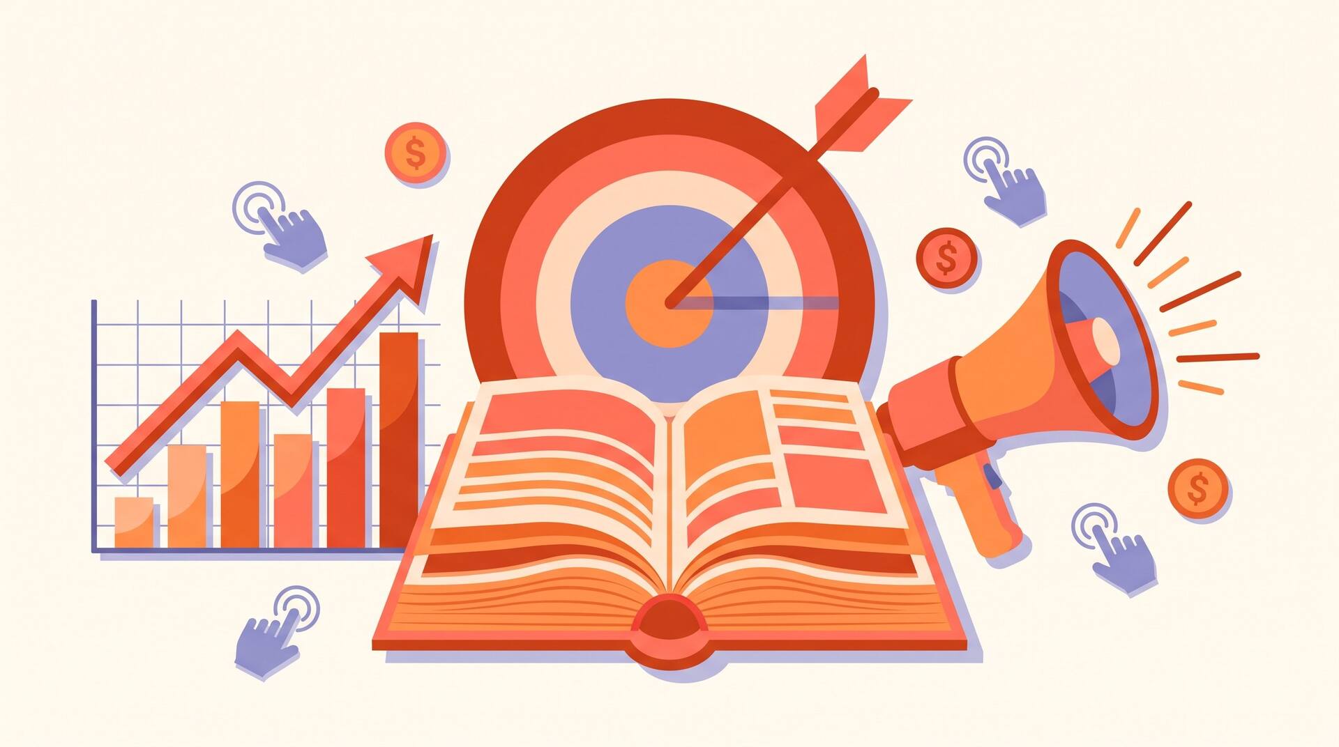 A book on a target with a rising sales chart, megaphone, and coins representing Amazon ads for authors