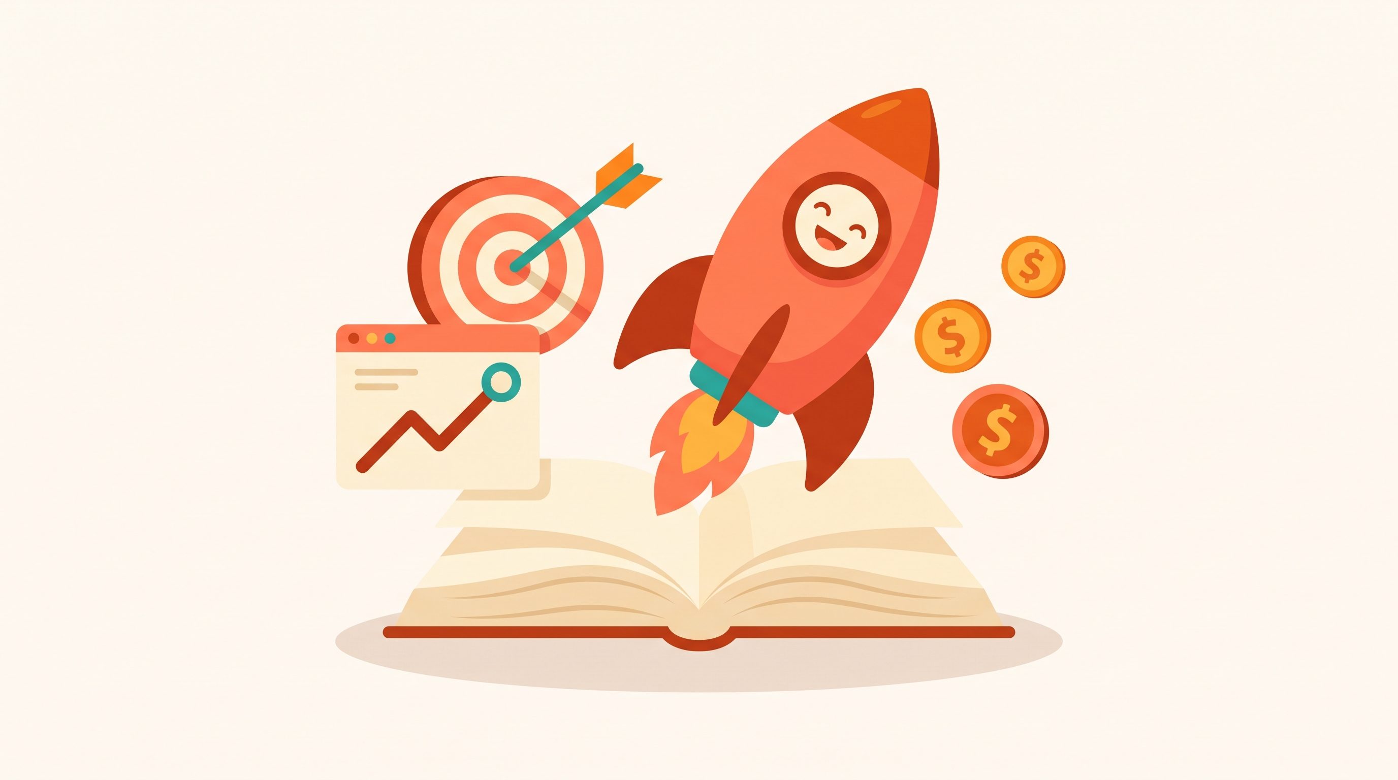 A rocket launching from an open book with a target, performance dashboard, and coins representing a first Amazon book ad campaign