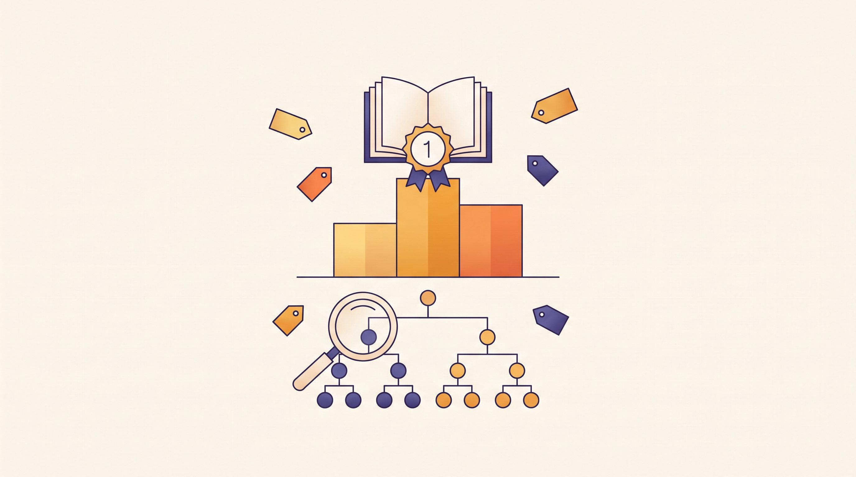 Illustration of a book on a bestseller podium surrounded by category tags and a category tree