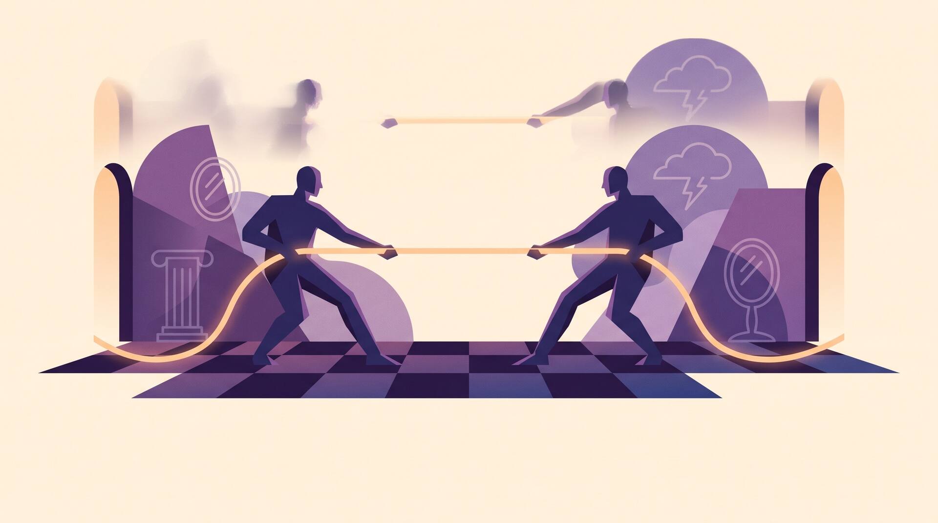 Two stylized figures pulling a glowing rope in opposite directions, with symbols of law, weather and self-reflection behind them