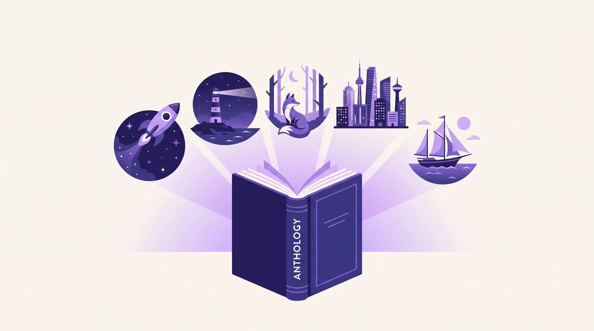An open book with five different story worlds rising from its pages, illustrating an anthology of stories