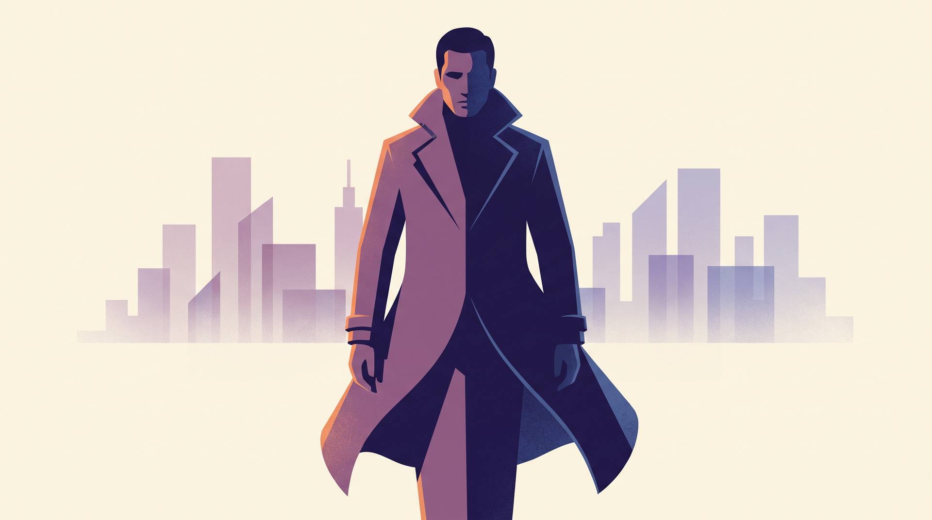 Flat illustration of a figure in a long coat lit warm on one half and shadowed cold on the other, standing before a faint city skyline