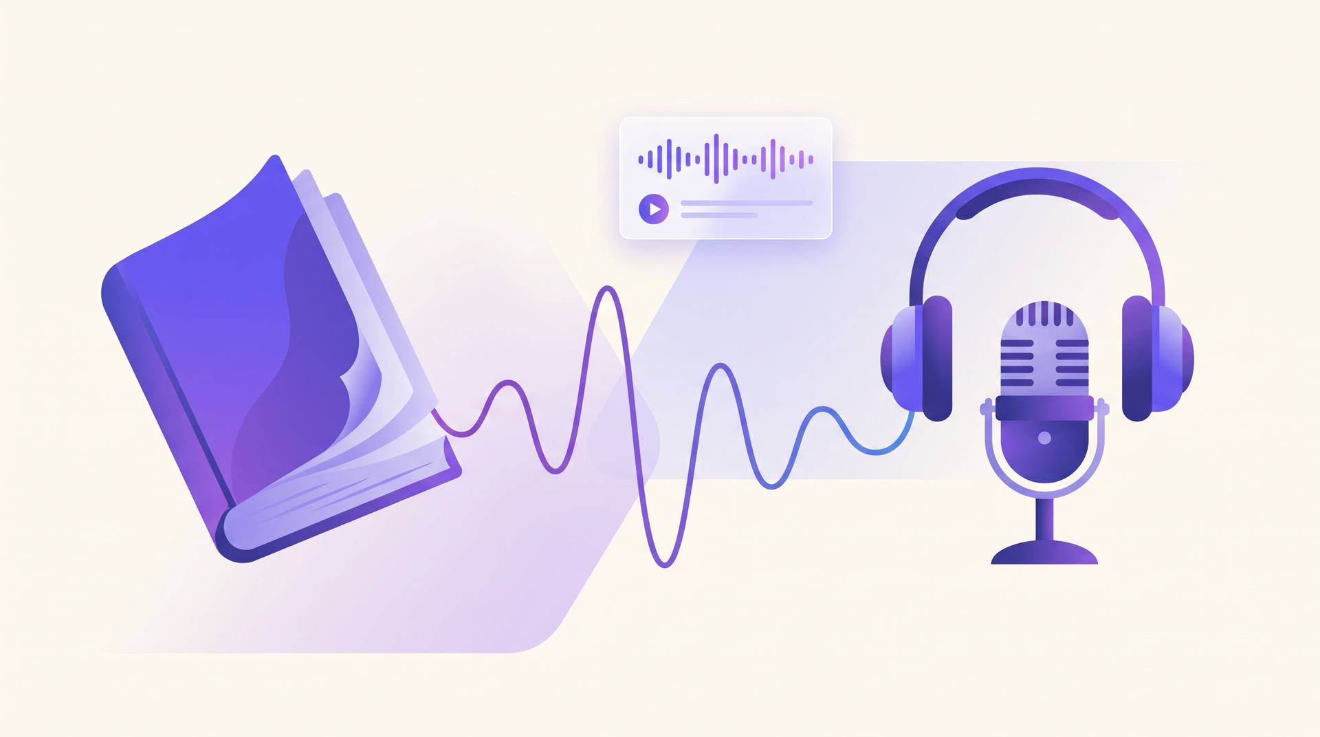A book turning into a sound wave that travels into headphones and a studio microphone