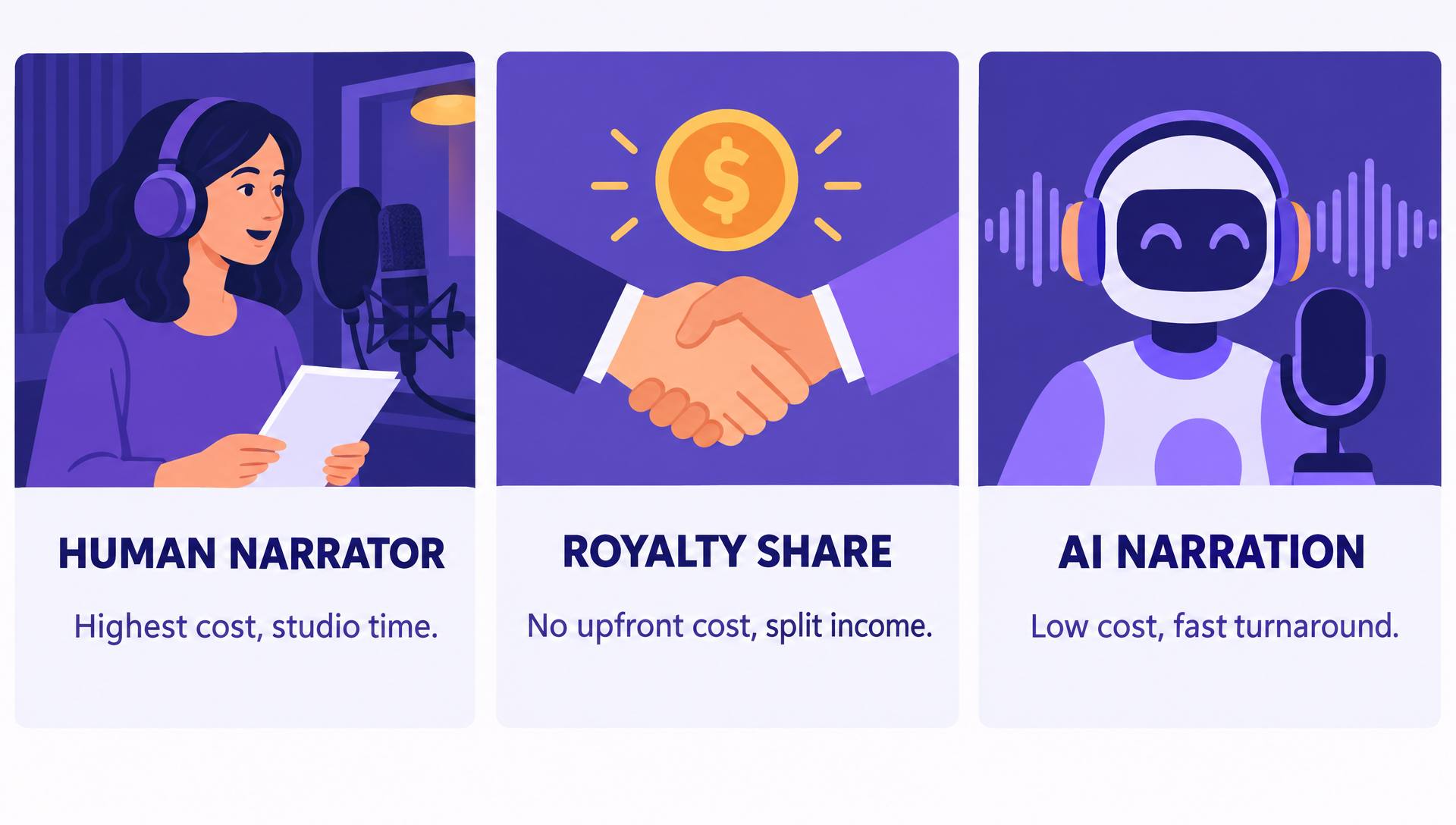 Three production paths: human narrator with the highest cost, royalty share with no upfront cost, and AI narration with low cost and fast turnaround
