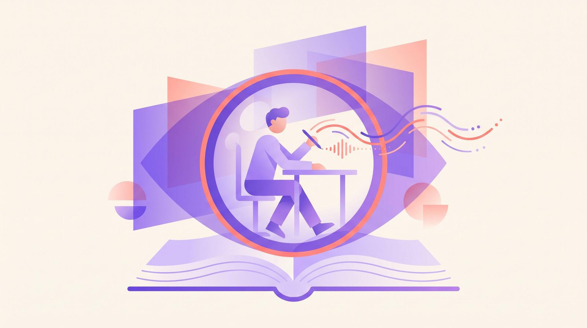Writer at a desk seen through an eye-shaped lens over an open book, illustrating an author's perspective