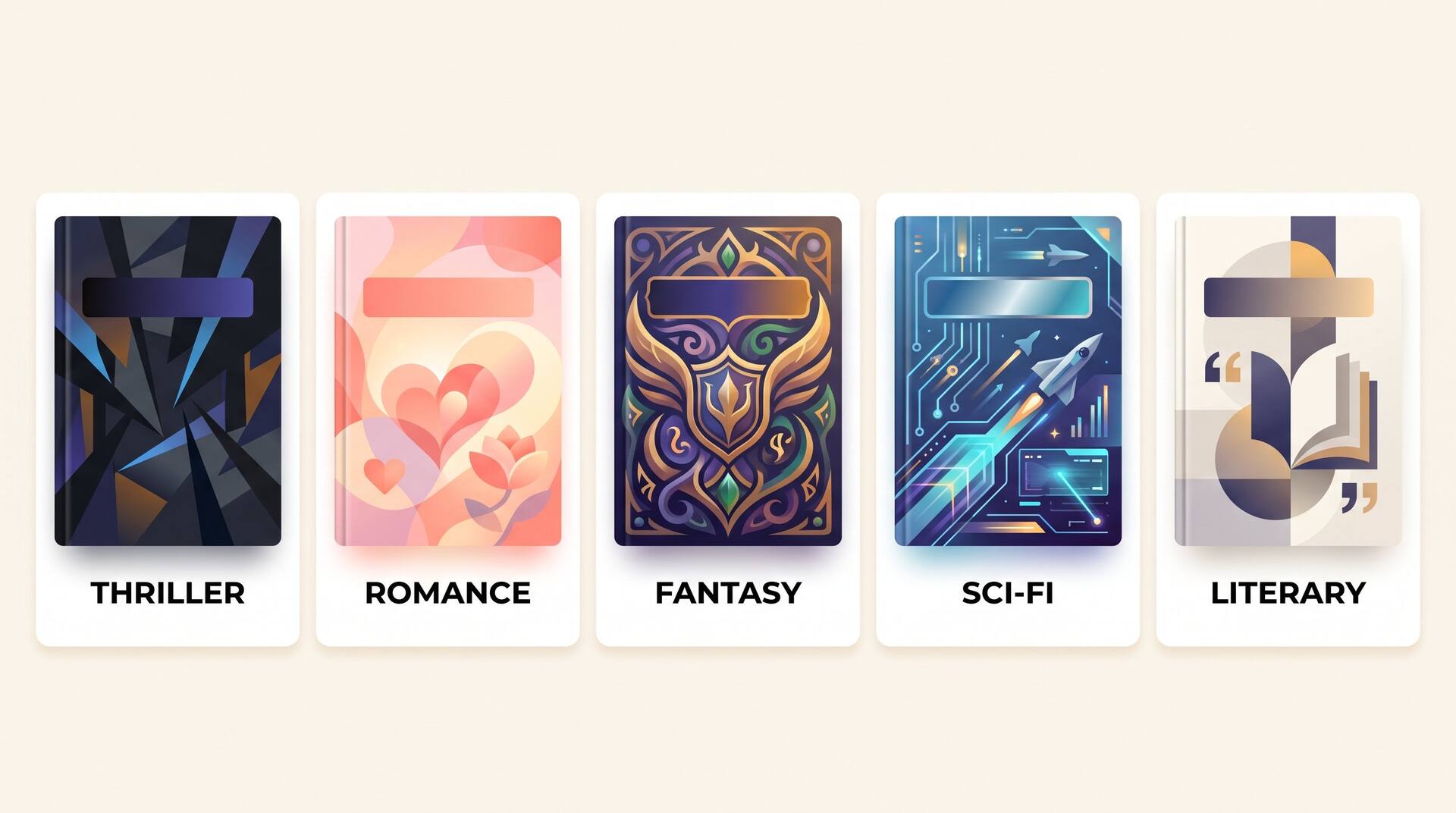 Five book cover styles by genre: thriller, romance, fantasy, sci-fi, and literary