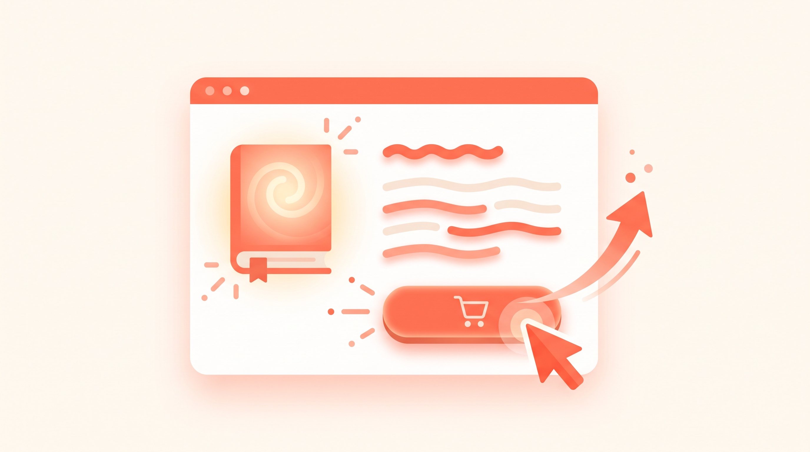 Editorial illustration of a book product page with a cursor clicking a coral Buy button and an upward conversion arrow, showing a description turning a browser into a buyer