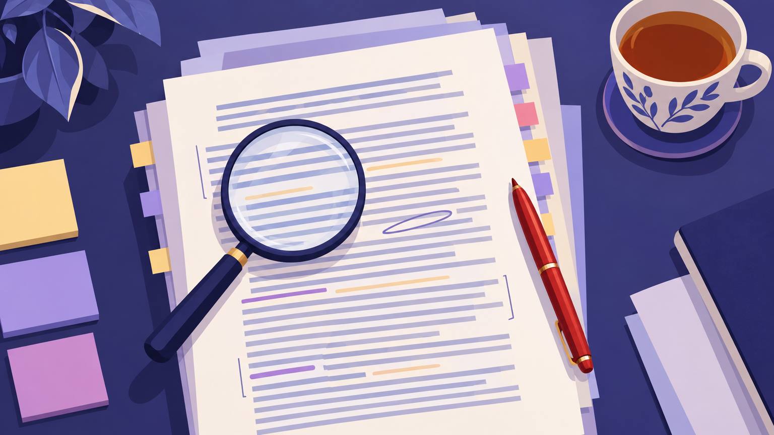 A printed manuscript page under a magnifying glass with a red pen and colored sticky tabs