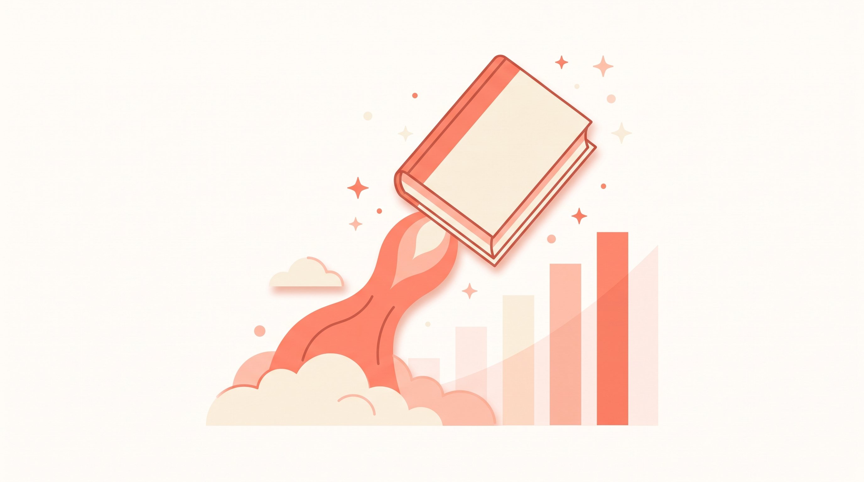 Editorial illustration of a book launching upward like a rocket with a coral flame trail and a rising sales chart in the background, representing launch momentum