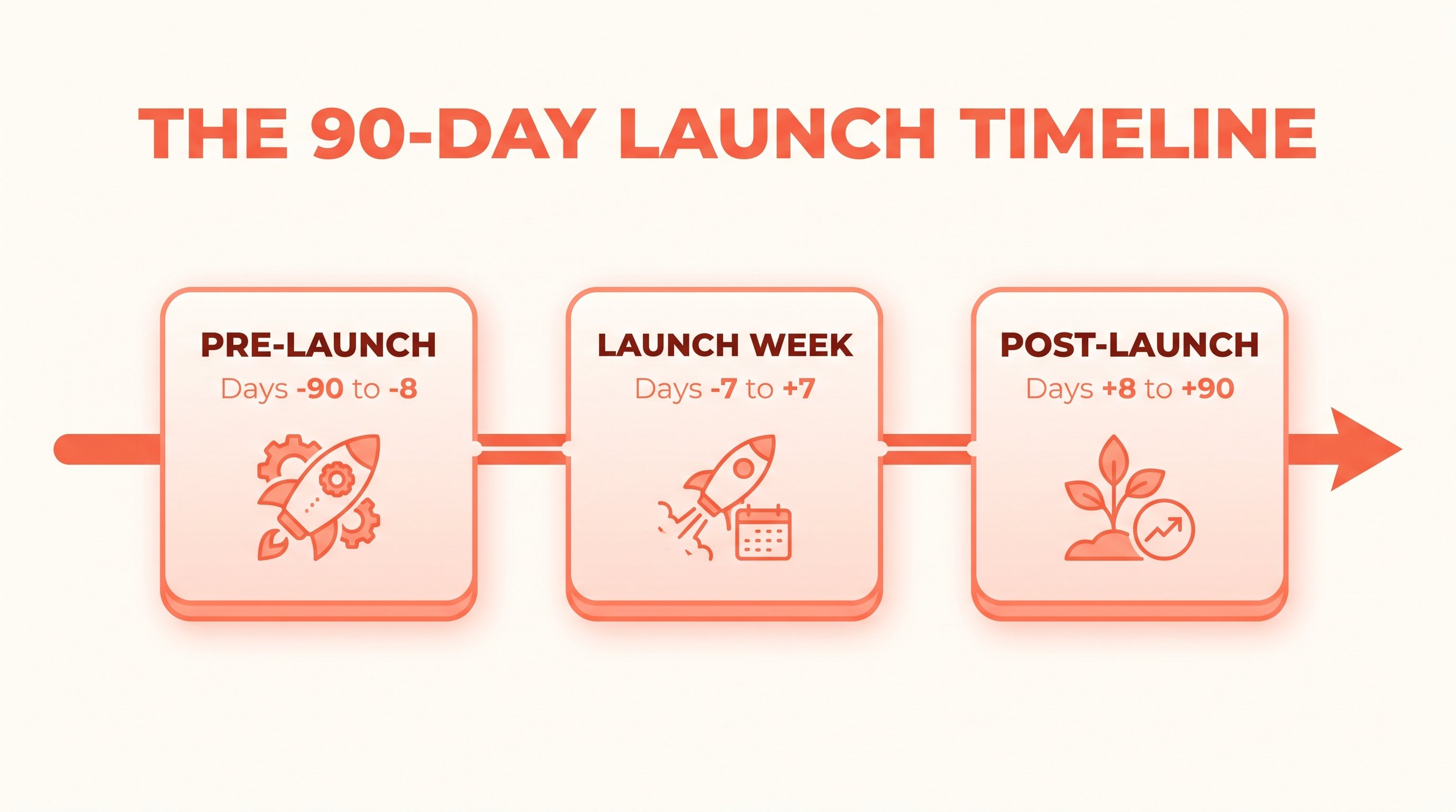 Infographic of the 90-day launch timeline in three phases: Pre-Launch from days minus 90 to minus 8, Launch Week from days minus 7 to plus 7, and Post-Launch from days plus 8 to plus 90