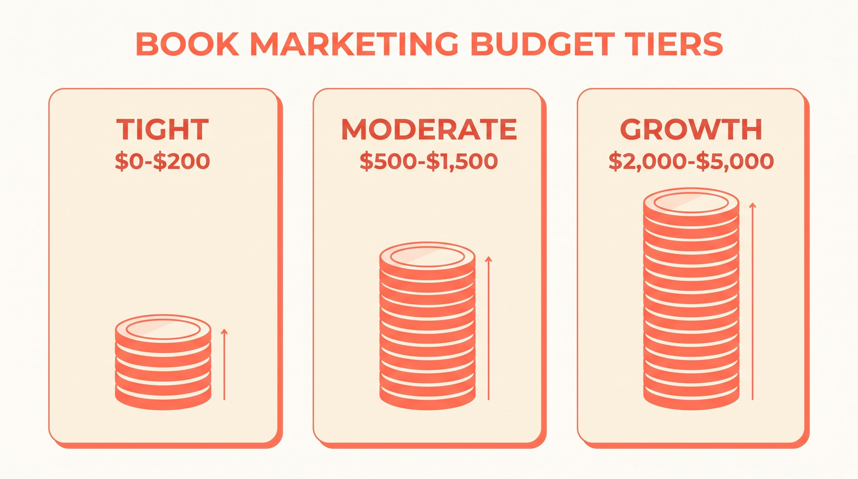 Infographic comparing three book marketing budget tiers with growing coin stacks: Tight at 0 to 200 dollars, Moderate at 500 to 1,500 dollars, and Growth at 2,000 to 5,000 dollars