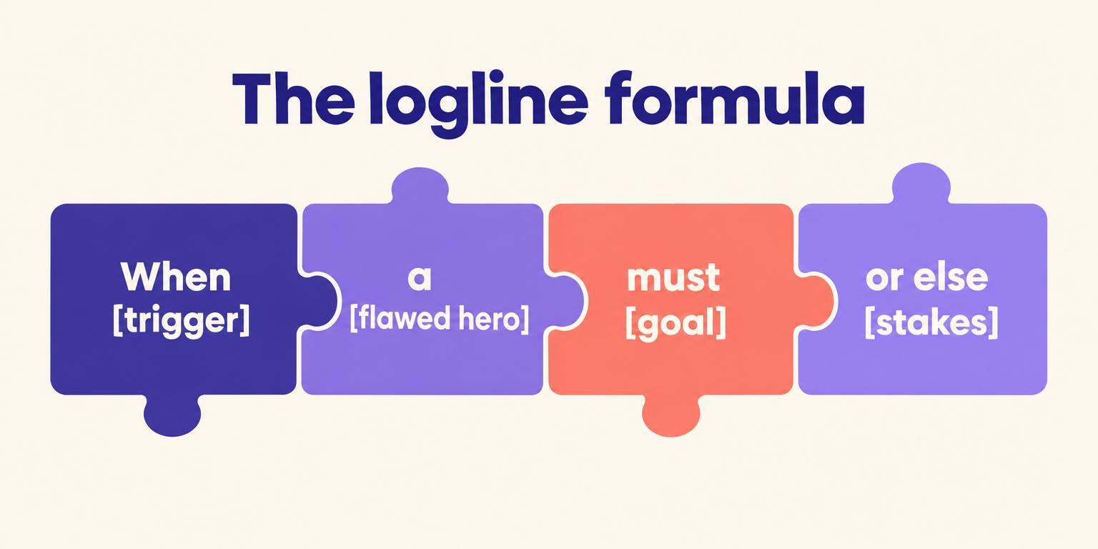 Logline formula in four blocks: When trigger, a flawed hero, must goal, or else stakes