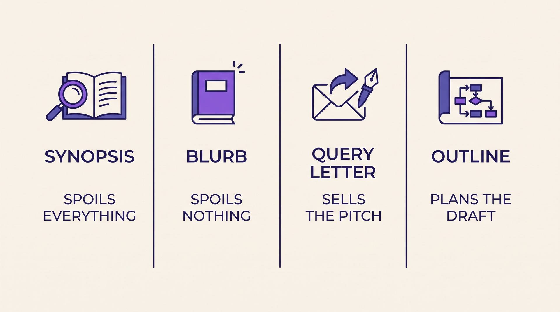 Four-column comparison showing that a synopsis spoils everything, a blurb spoils nothing, a query letter sells the pitch and an outline plans the draft