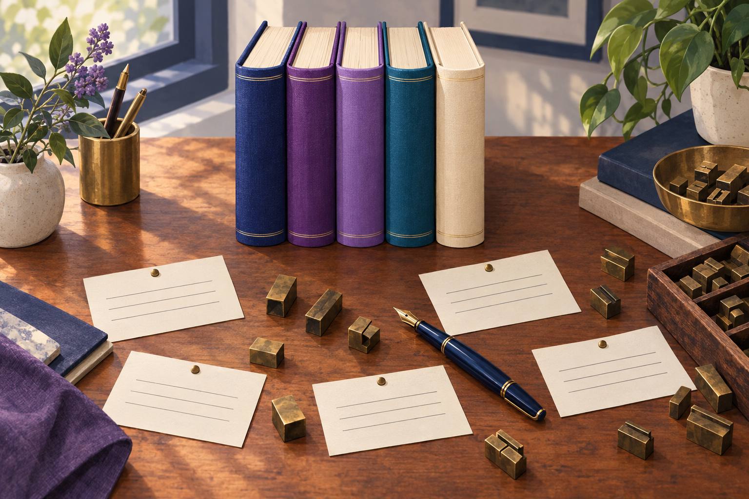 Five blank hardcover books on a writer's desk with index cards and letterpress type blocks, ready to be titled