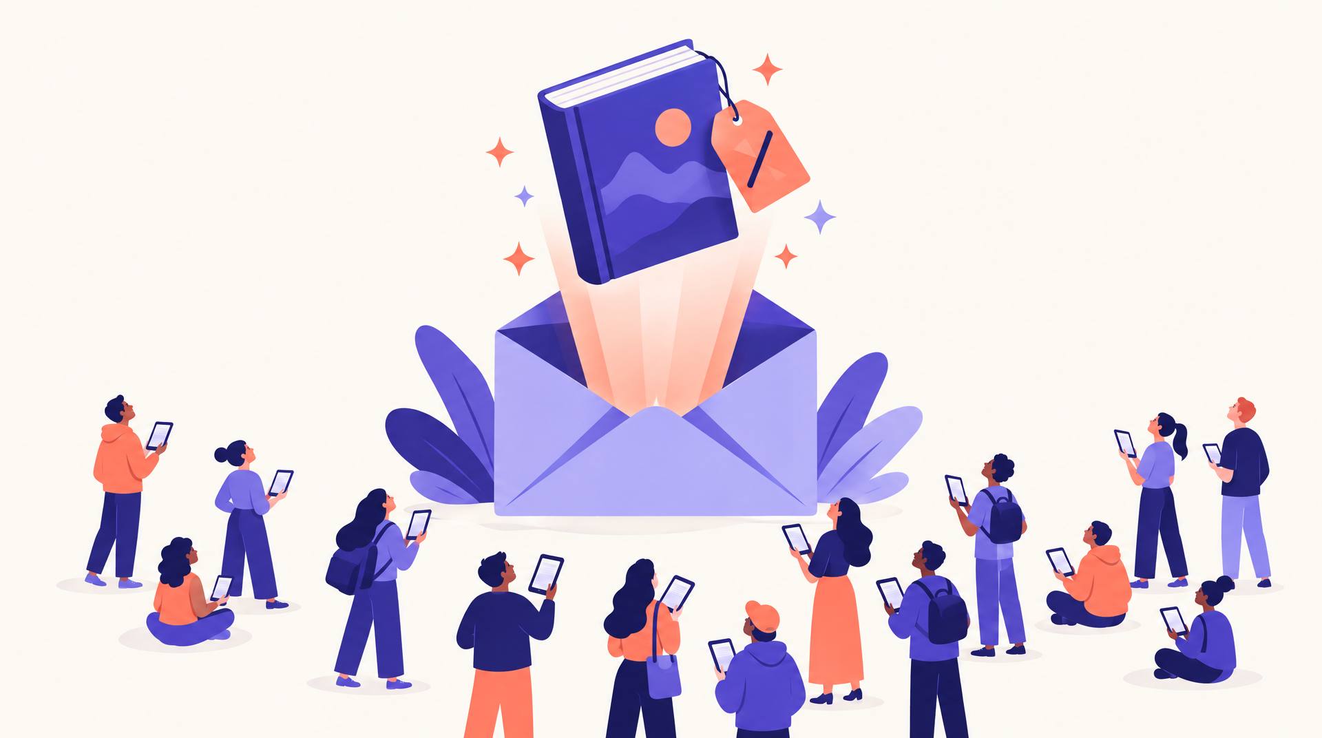A discounted book rising out of an open email envelope toward a crowd of readers holding e-readers