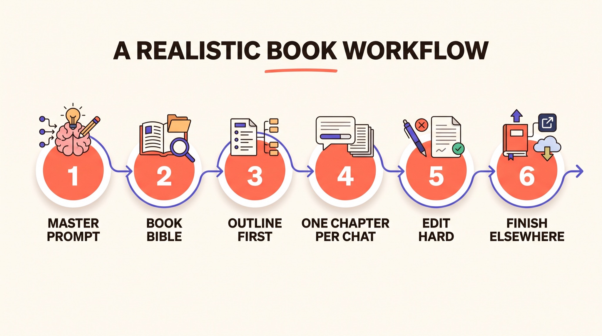 Six-step numbered workflow for writing a book with AI: master prompt, book bible, outline first, one chapter per chat, edit hard, finish elsewhere