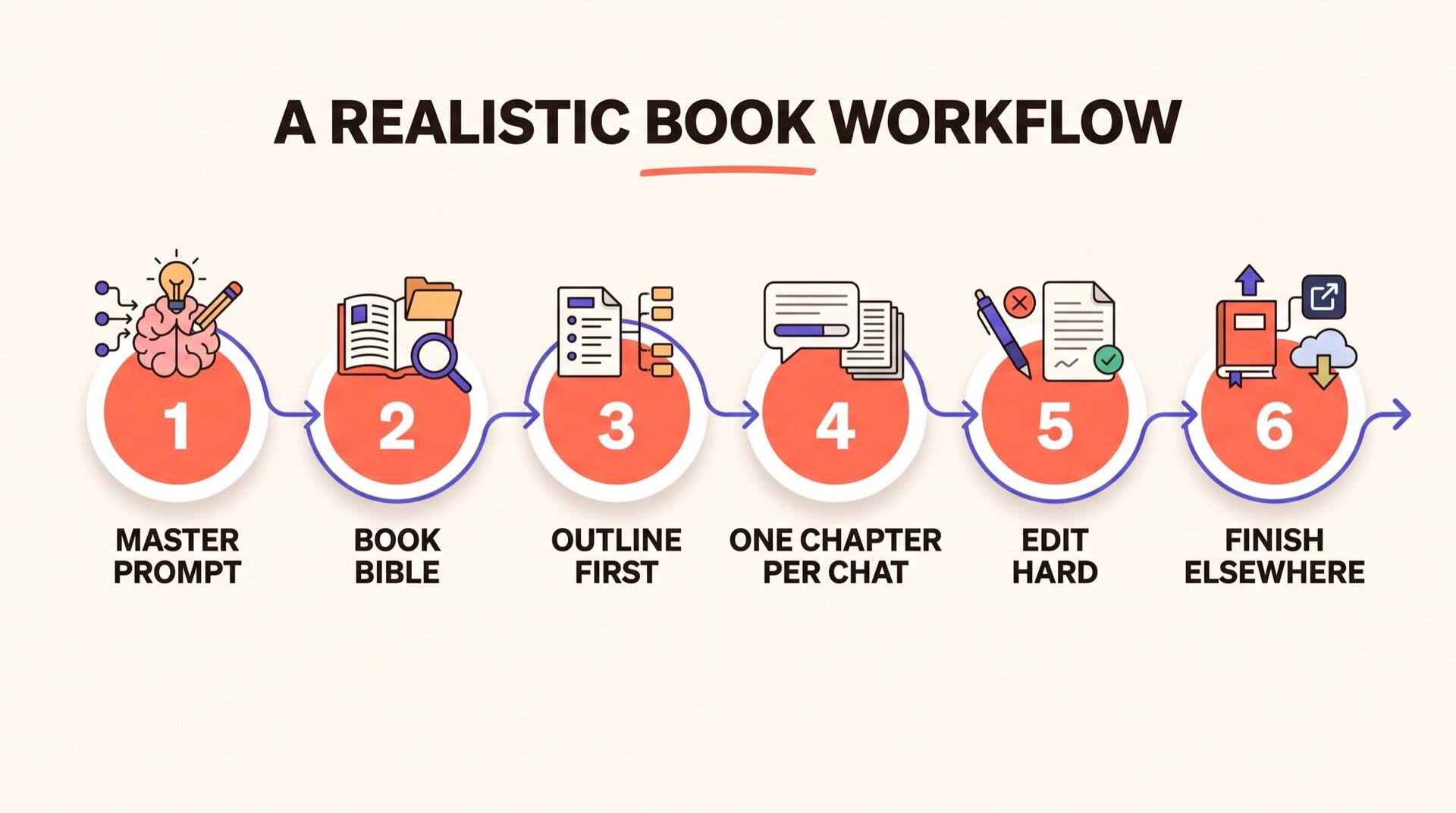 Flux de travail numéroté en six étapes pour écrire un livre avec l'IA : master prompt, bible du livre, plan d'abord, un chapitre par chat, édition rigoureuse, finition ailleurs