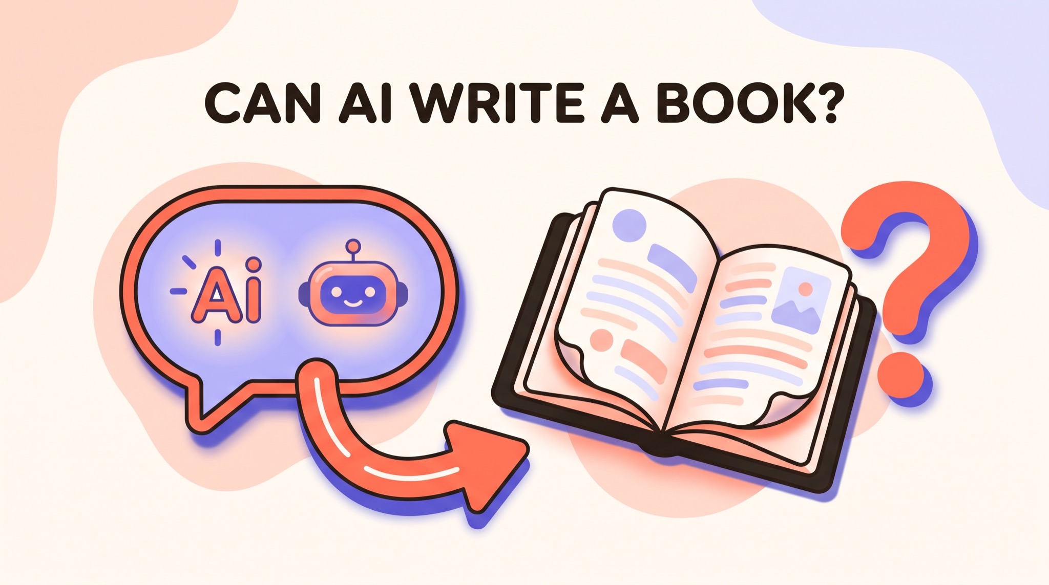 Illustration of an AI chat bubble with a friendly robot pointing an arrow toward an open book beside a large question mark, headline reading can AI write a book?
