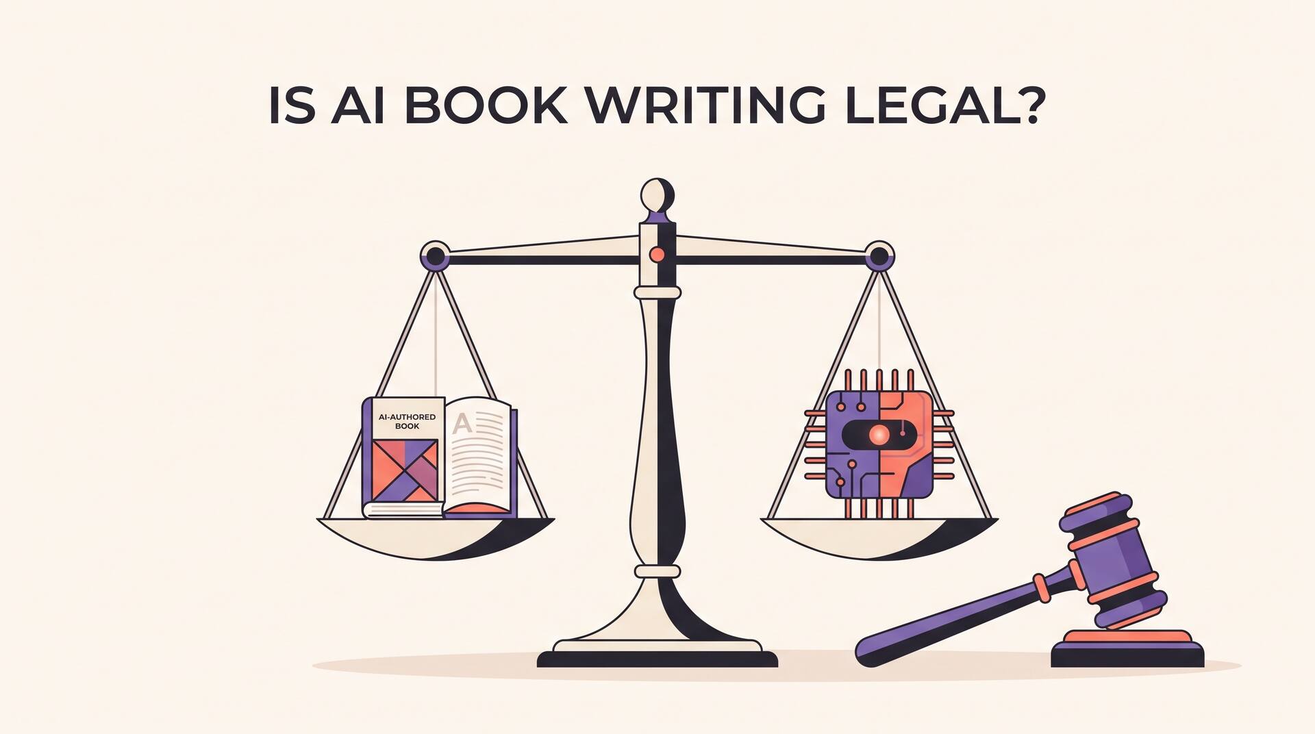 Illustration of the scales of justice balancing a book against an AI chip beside a gavel, representing the legality of AI-written books