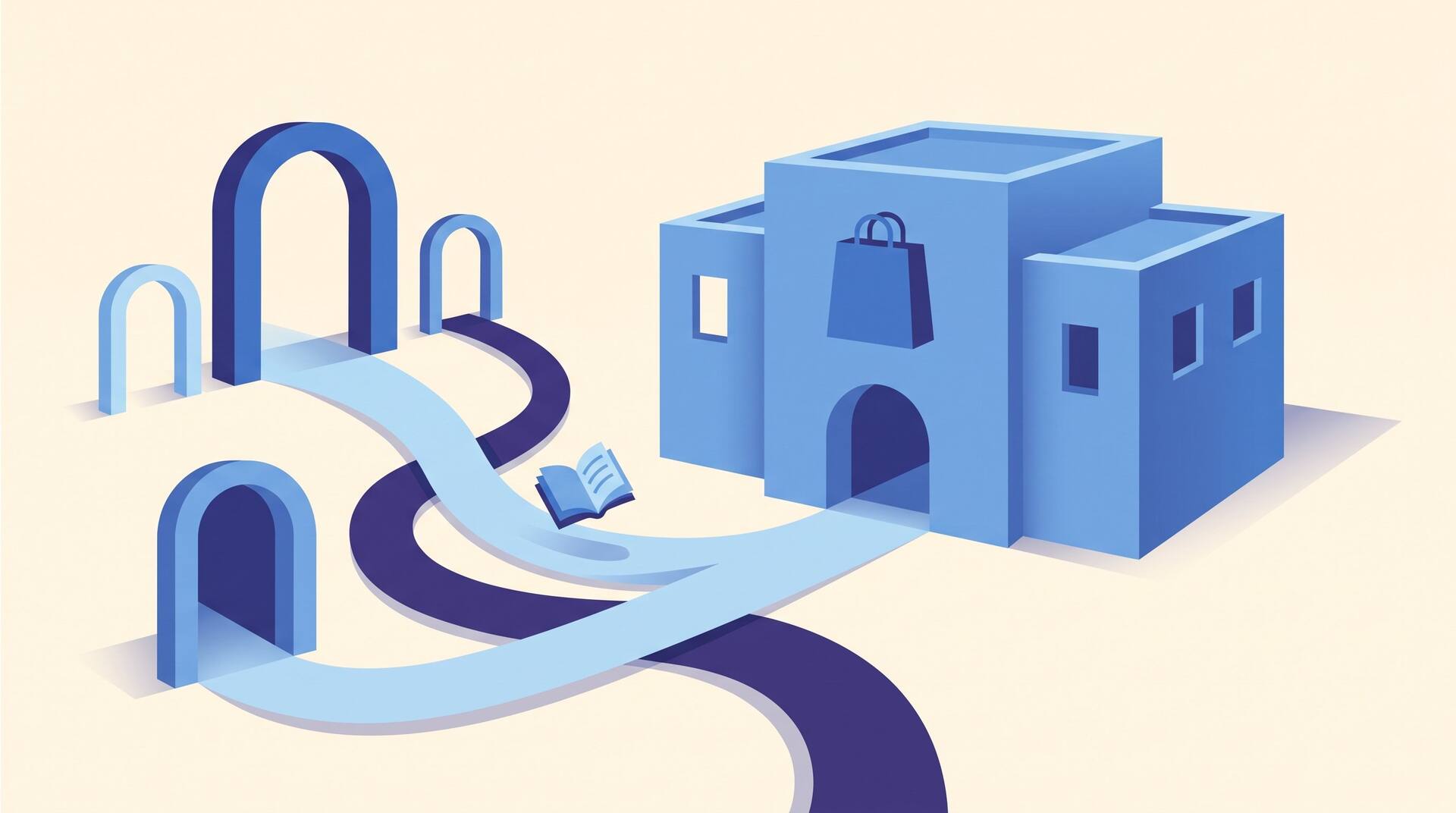 Editorial illustration of several doorways and paths converging toward a single generic online storefront, with a book traveling along one path, representing multiple routes onto one marketplace