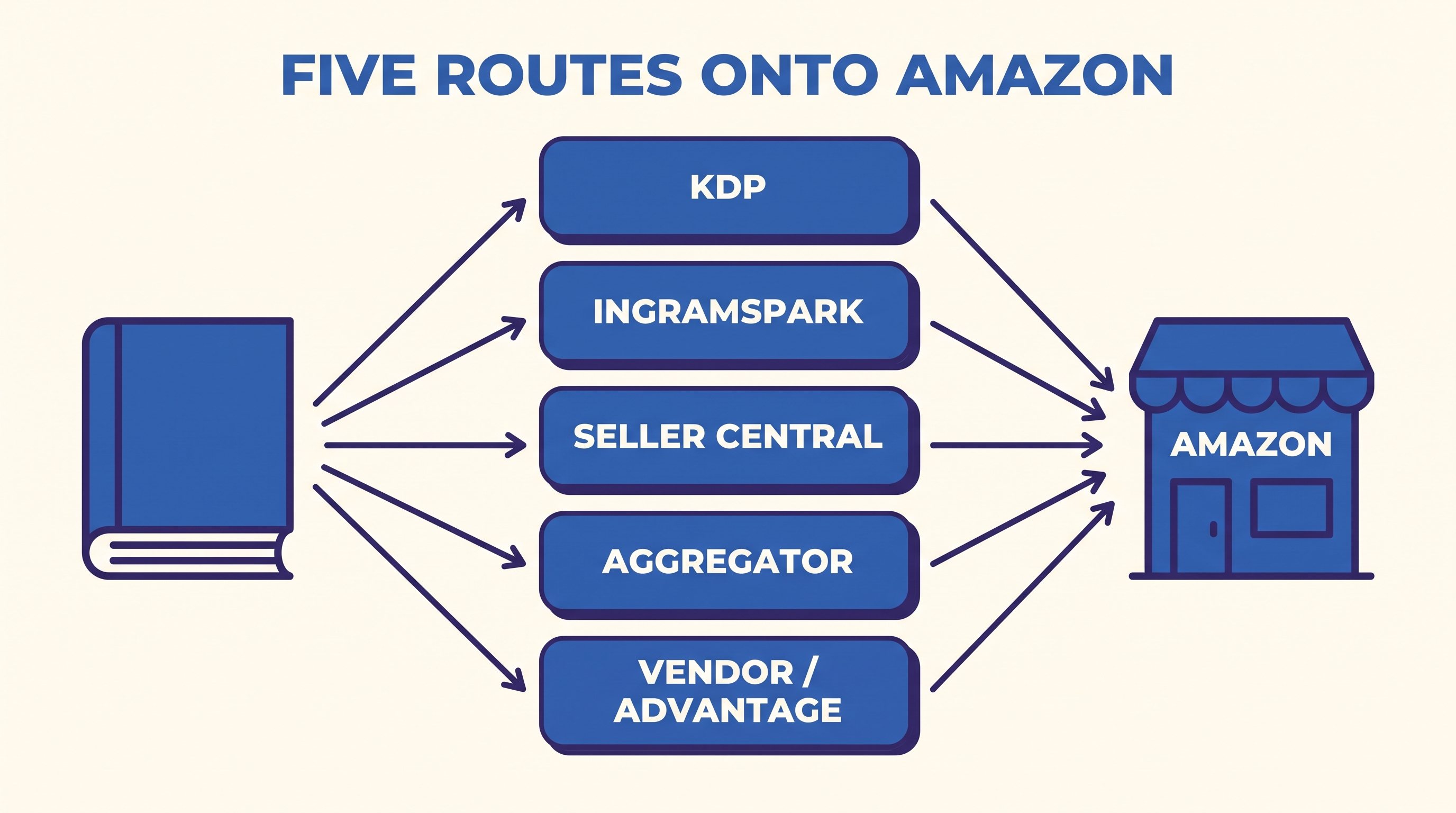 Infographic showing five routes onto Amazon fanning out from a single book: KDP, IngramSpark, Seller Central, Aggregator, and Vendor or Advantage, all converging on the Amazon store