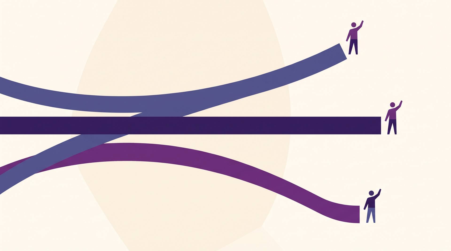 Three paths across a frame: one rising, one falling, one straight, each ending with a figure