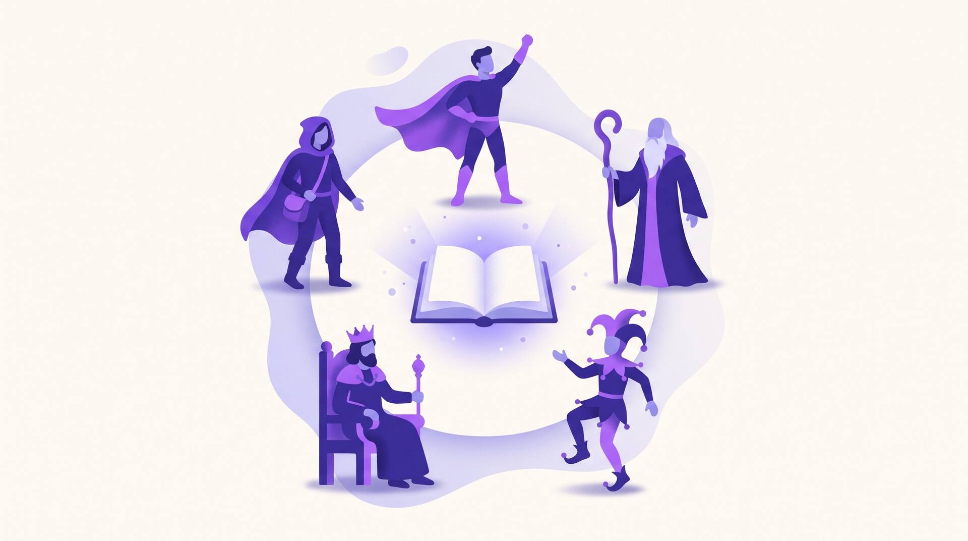 Editorial illustration of diverse silhouetted character figures — a hero, a mentor, a jester, a ruler, and a rebel — arranged in a circle around a glowing open book, representing a cast of archetypes