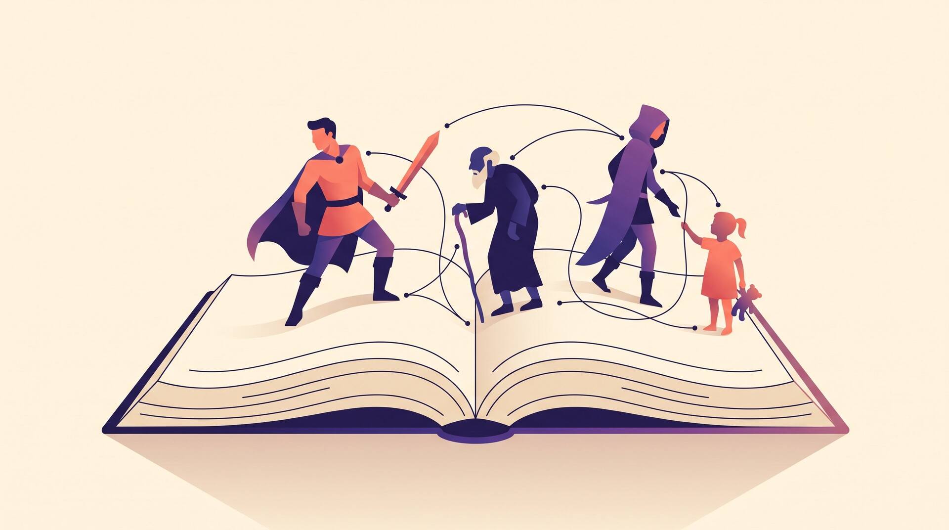 Stylized characters stepping off the pages of an open book, linked by thin relationship lines