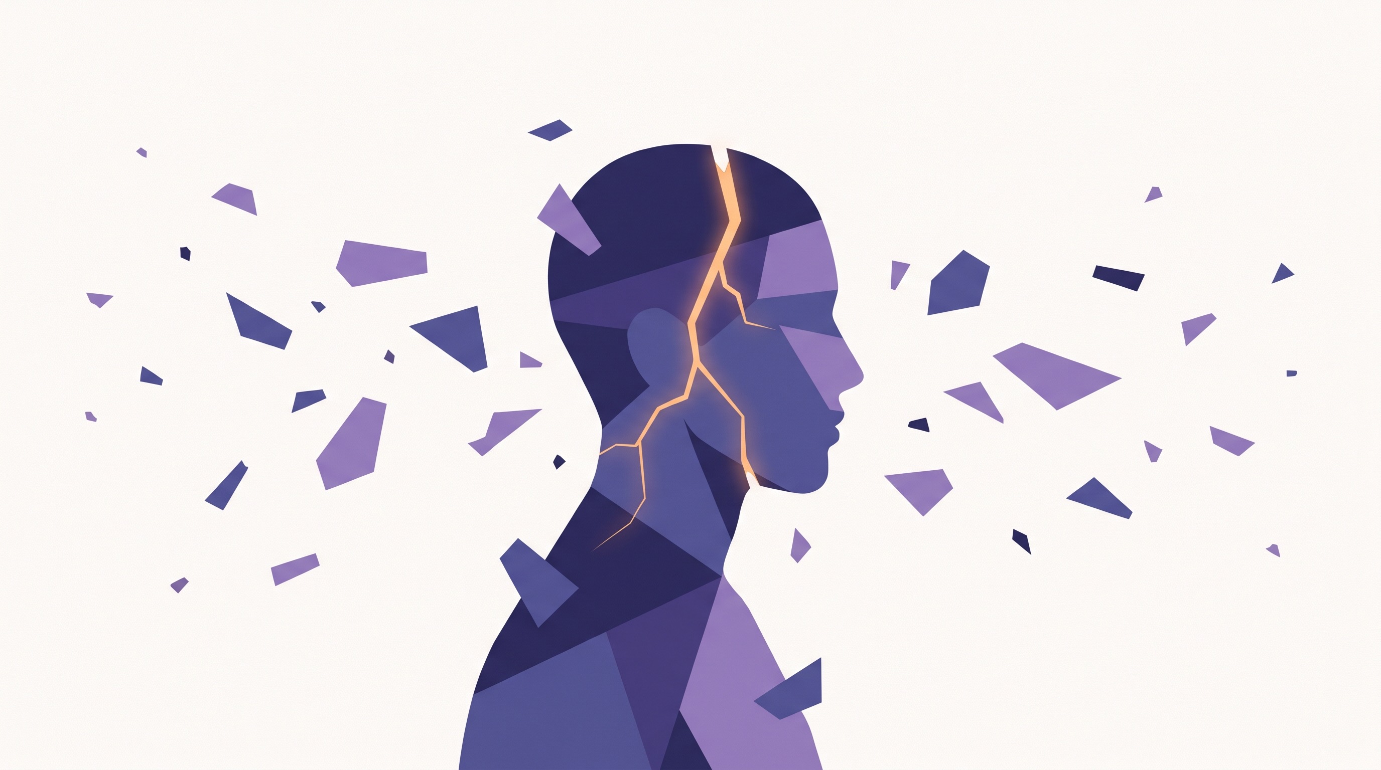 Vector illustration of a geometric human profile with a glowing crack running through it