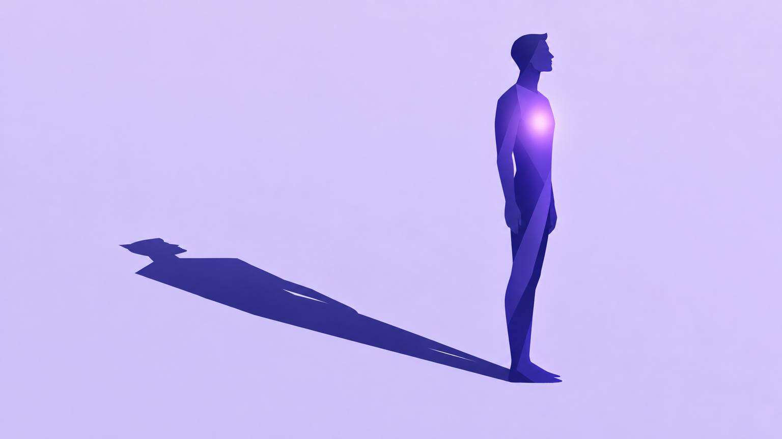 Vector illustration of a figure with a glowing core casting a long shadow of a different shape