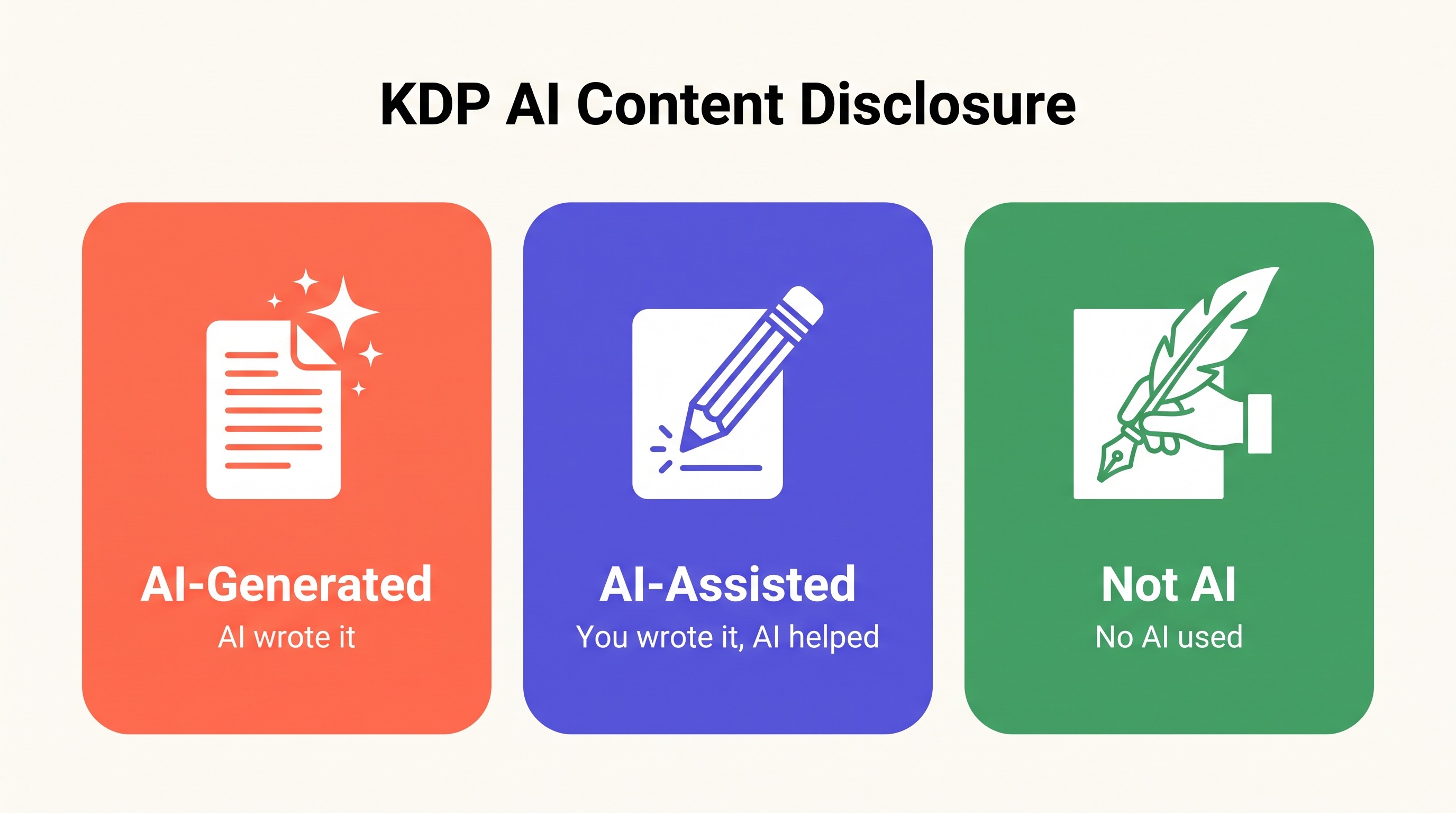 KDP AI content disclosure options: AI-Generated, AI-Assisted, and Not AI shown as three labeled cards