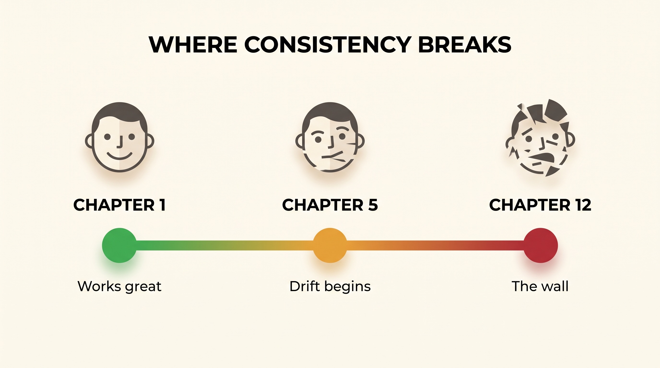 Timeline infographic showing consistency breaking down across chapters: chapter 1 works great, chapter 5 drift begins, chapter 12 hits the wall