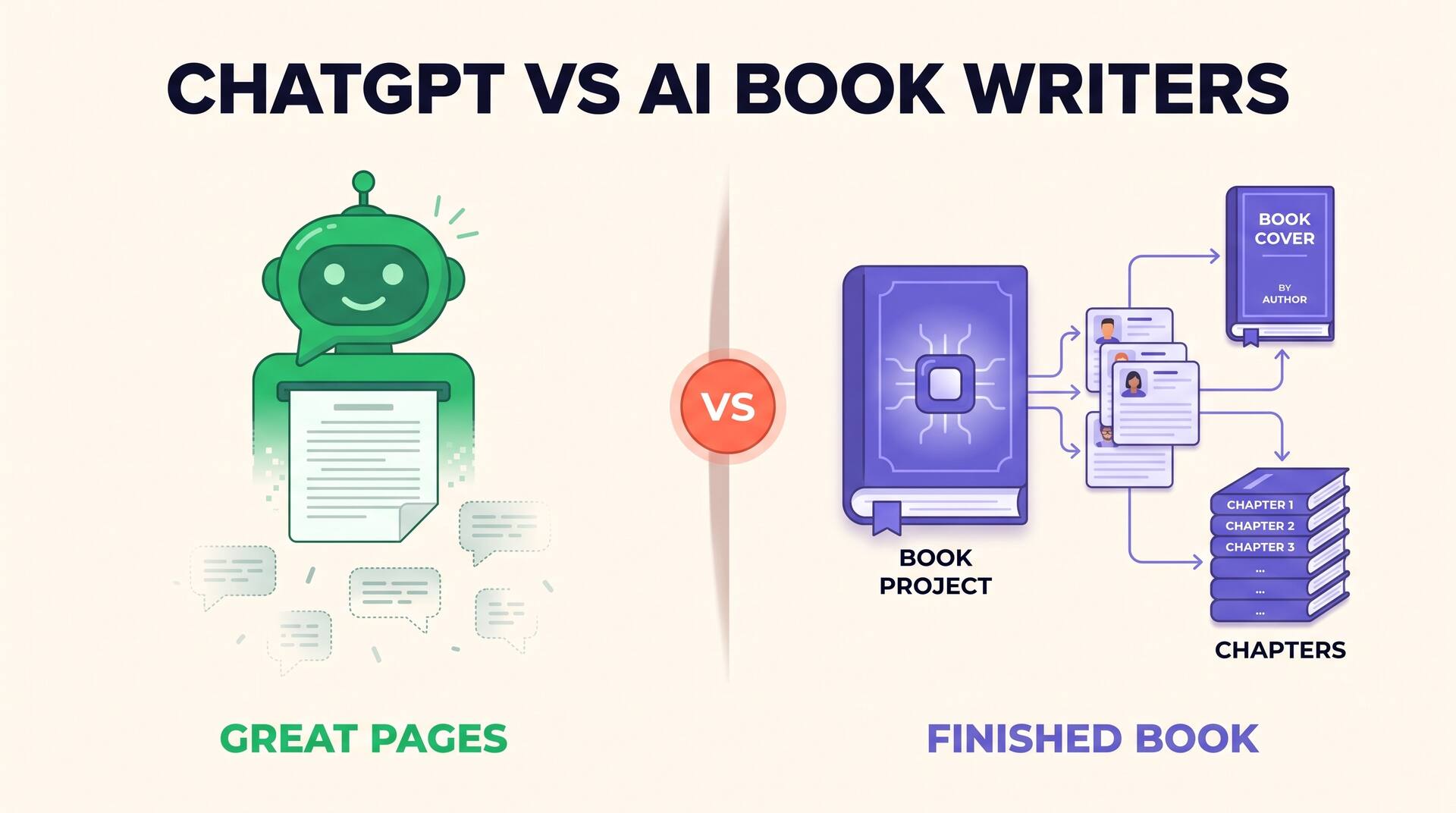 Ilustração de comparação dividida: à esquerda, um chatbot verde produzindo uma única página de prosa; à direita, um escritor de livros de IA roxo mantendo um projeto persistente com registros de personagens, capítulos e uma capa
