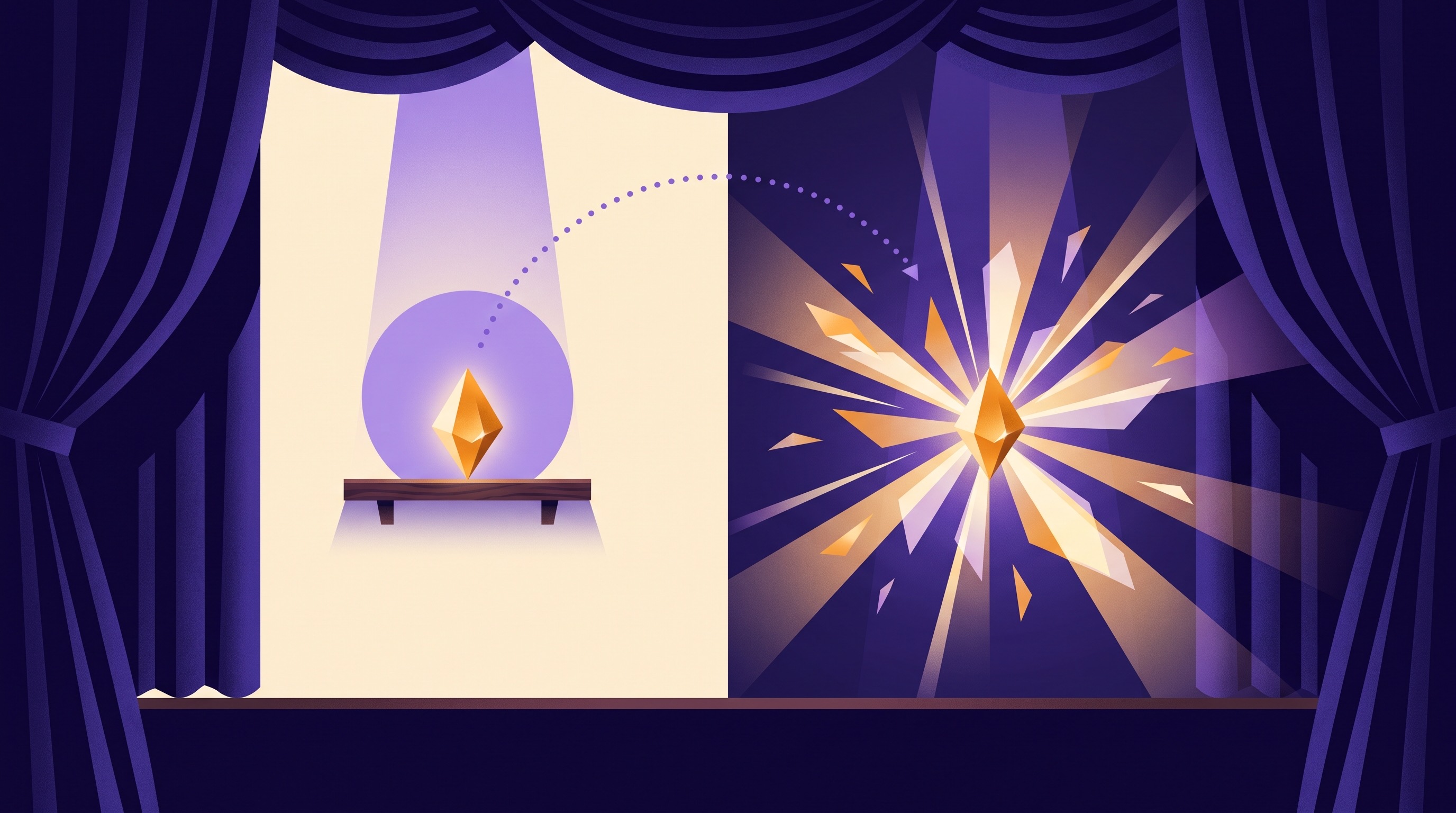 A glowing object resting on a shelf on one side of a stage and bursting into light on the other
