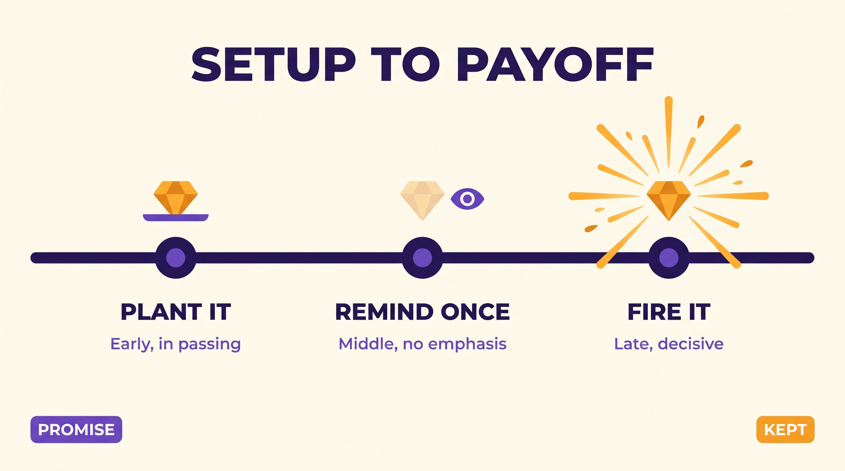 Timeline infographic showing a planted object early, reminded once in the middle, and firing late