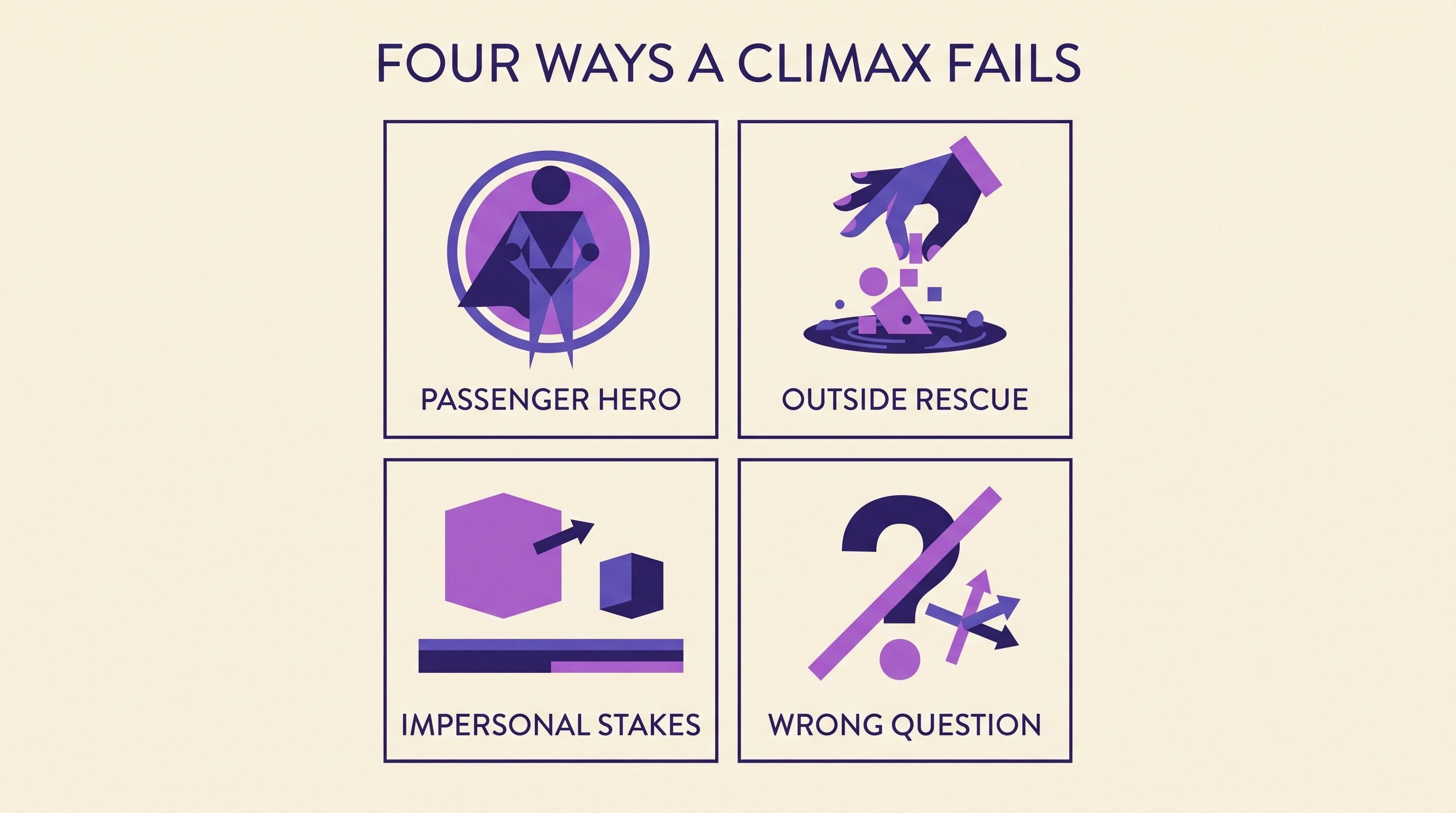 Infographic showing four ways a climax fails: passenger hero, outside rescue, impersonal stakes, and wrong question