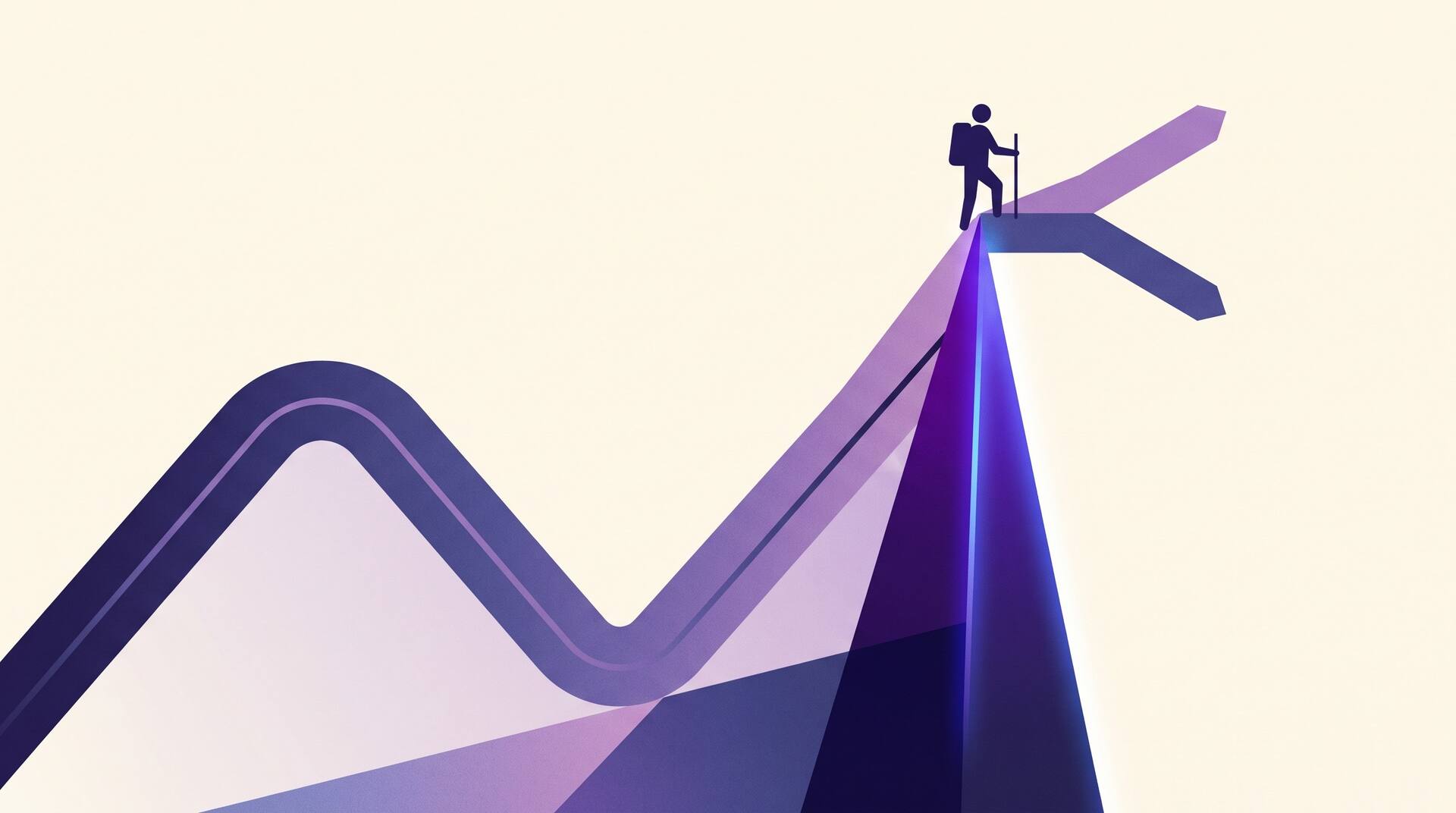 A story tension curve rising to a sharp peak with a lone figure standing at the top facing a fork in the path