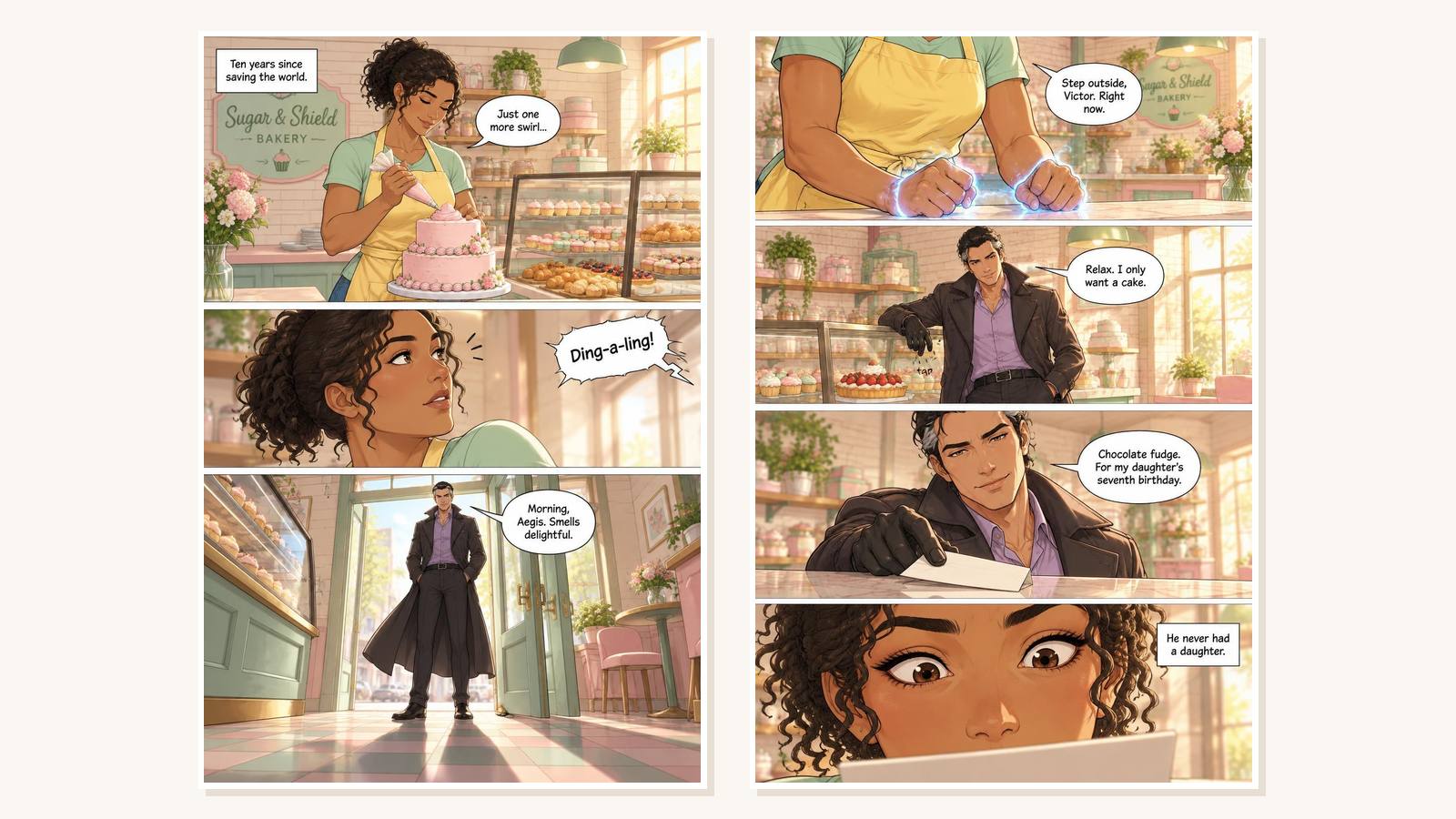 Zwei KI-generierte Comic-Seiten nebeneinander, gezeichnet in einem einheitlichen Stil mit Sprechblasen