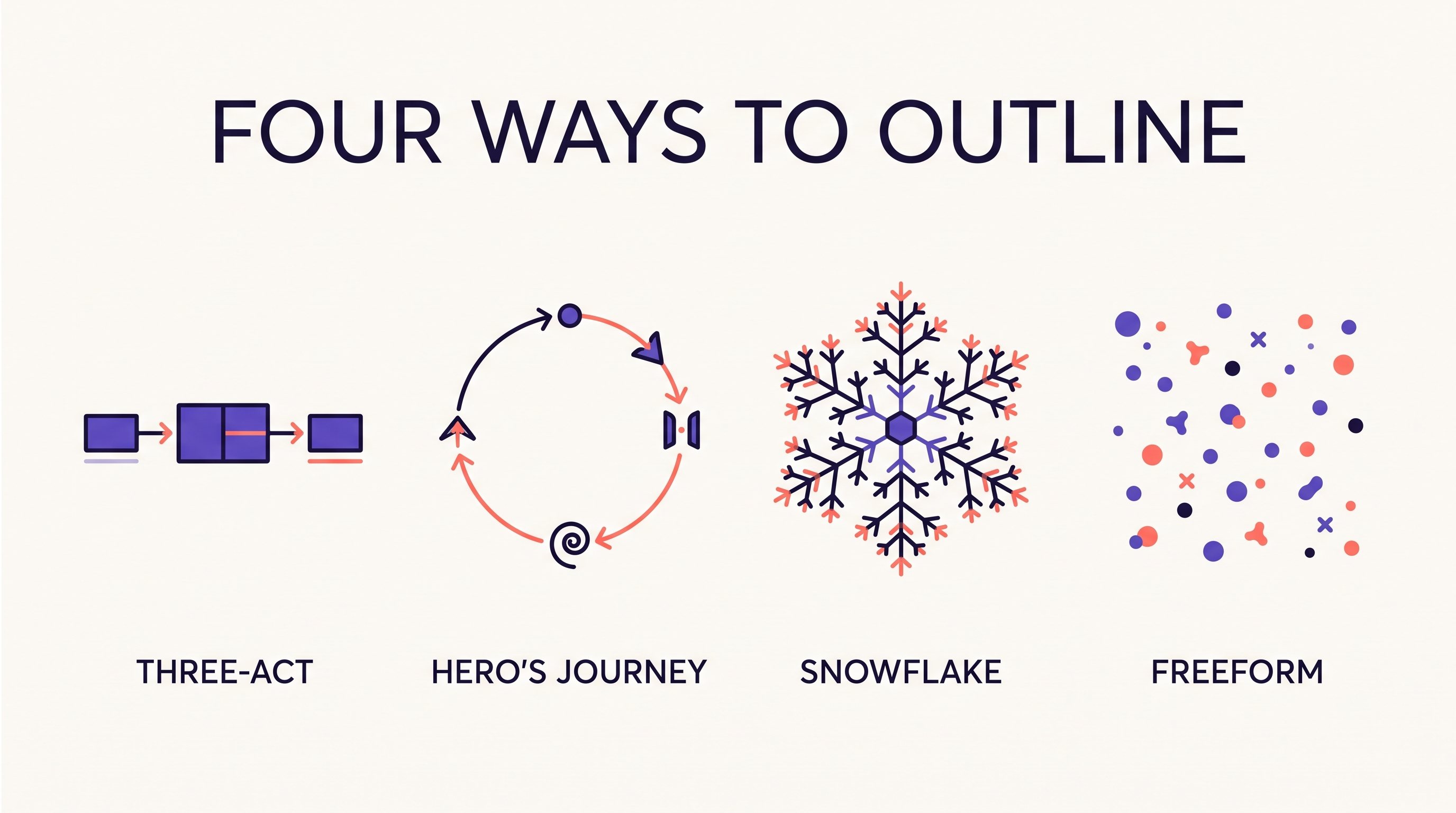 Infographic comparing four outlining methods: three-act, hero's journey, snowflake, and freeform
