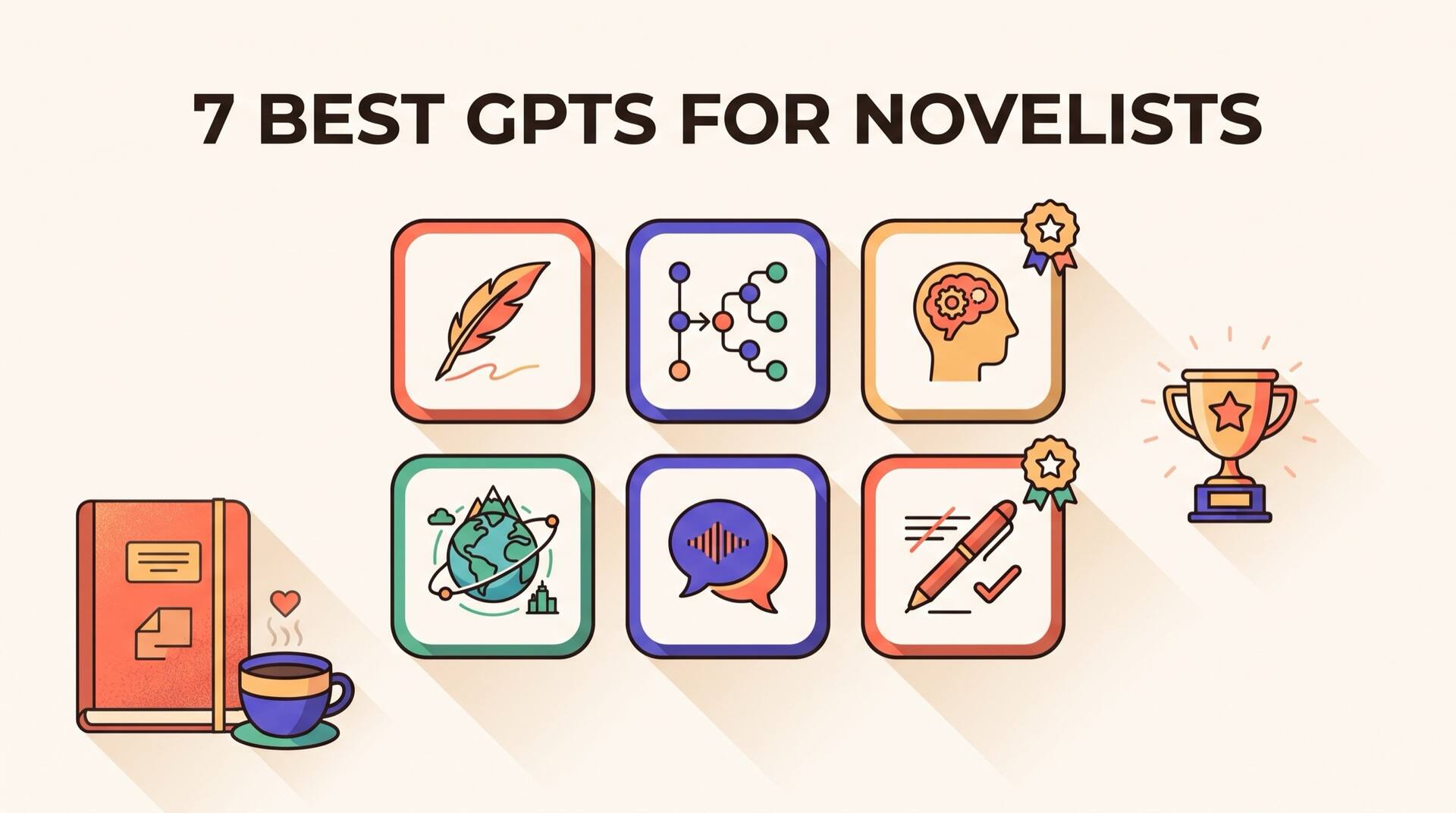 Illustration eines Rasters aus KI-Schreibassistent-Kacheln mit einer Trophäe und dem Notizbuch eines Romanautors, betitelt mit 7 Best GPTs for Novelists
