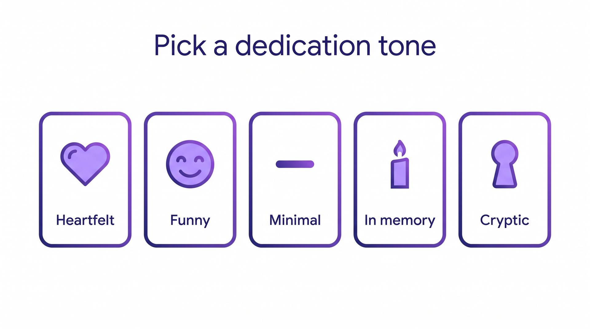Infographic titled Pick a dedication tone, with five cards: Heartfelt, Funny, Minimal, In memory and Cryptic